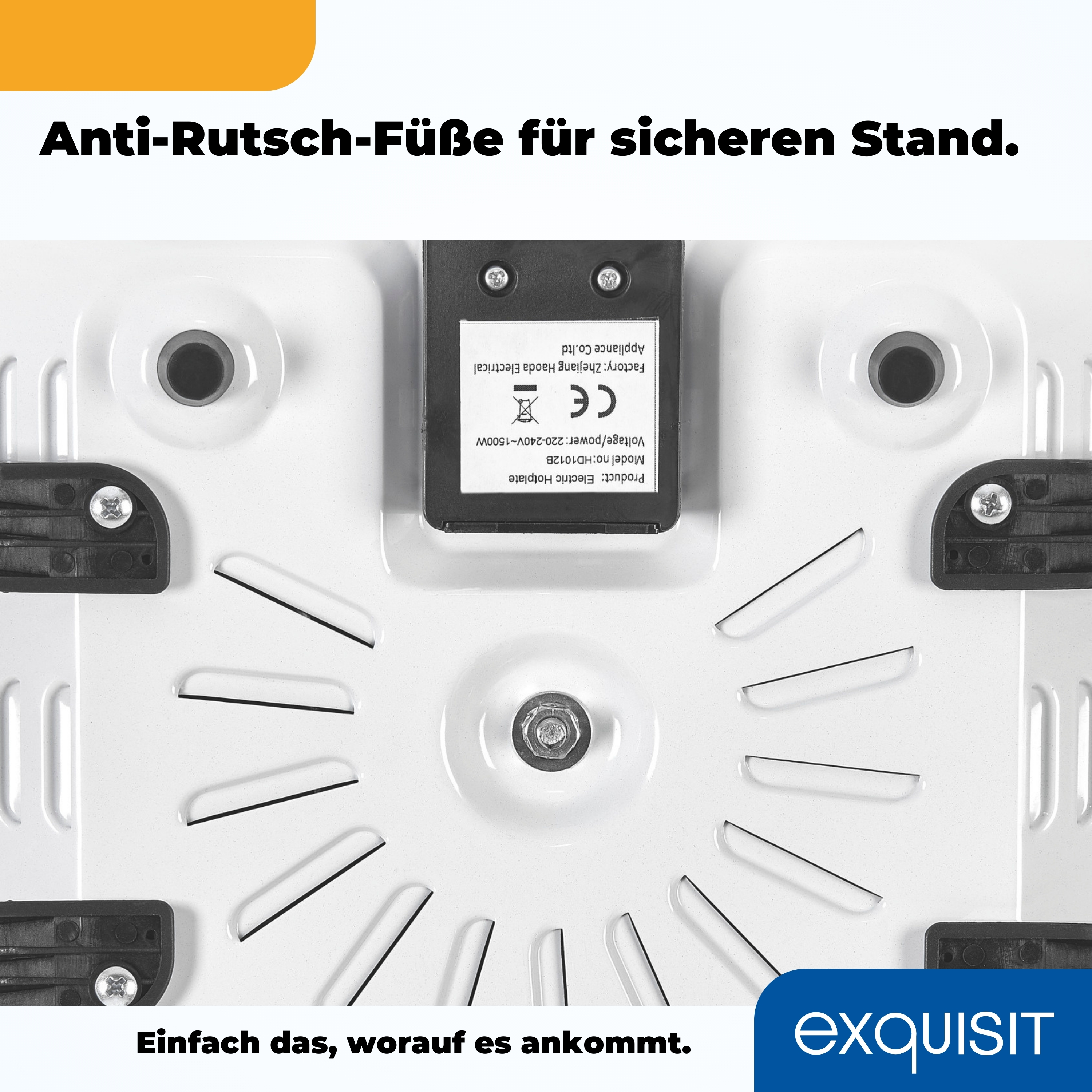 Weißer Gerätefuß mit schwarzen Füßen. Text: Rutschfeste Füße für sicheren Stand.