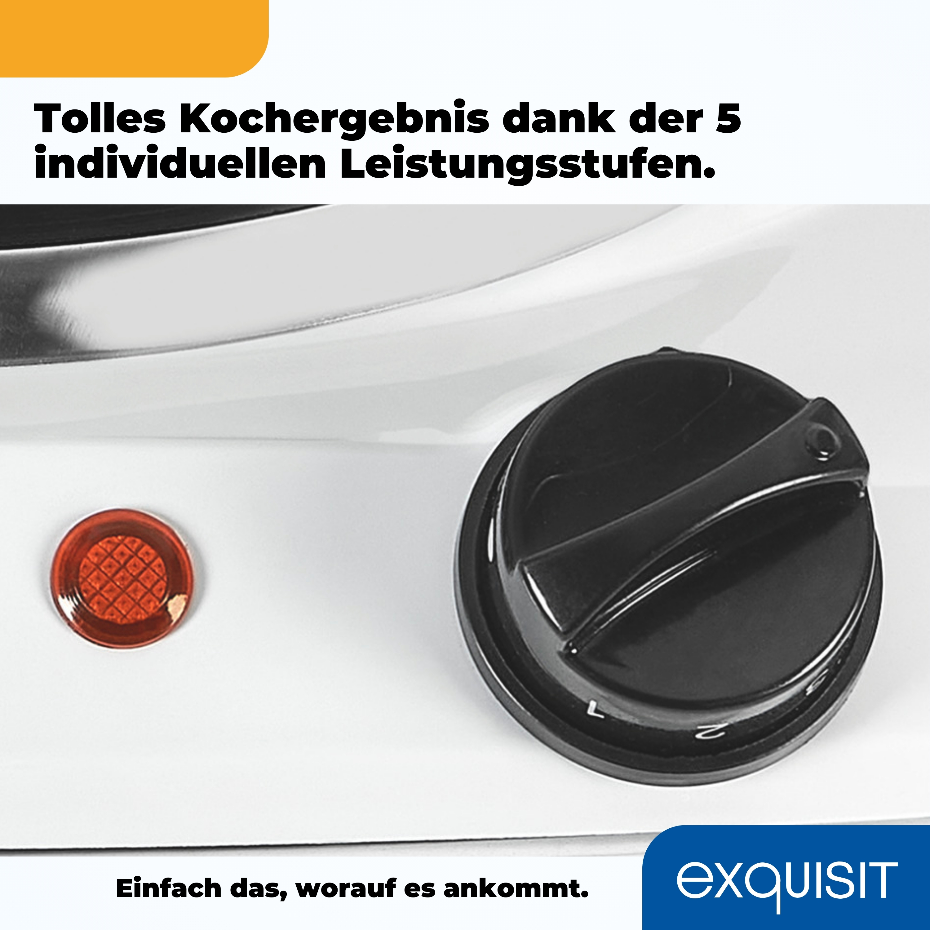 Nahaufnahme eines weißen Herds mit schwarzem Knopf und rotem Licht.