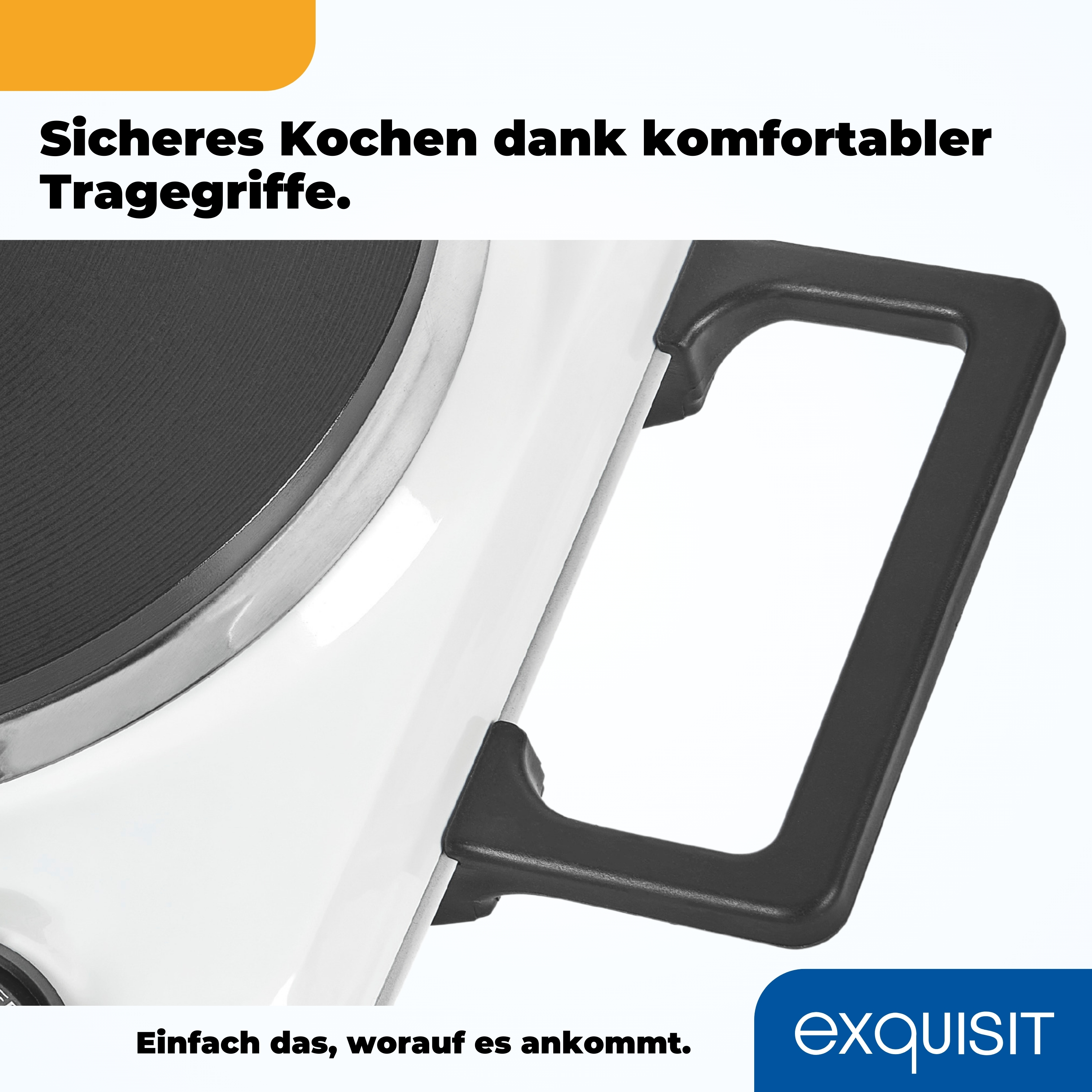 Nahaufnahme eines weißen Kochgerätegriffs. Schwarzer Griff, darunter Text: sicheres Kochen.