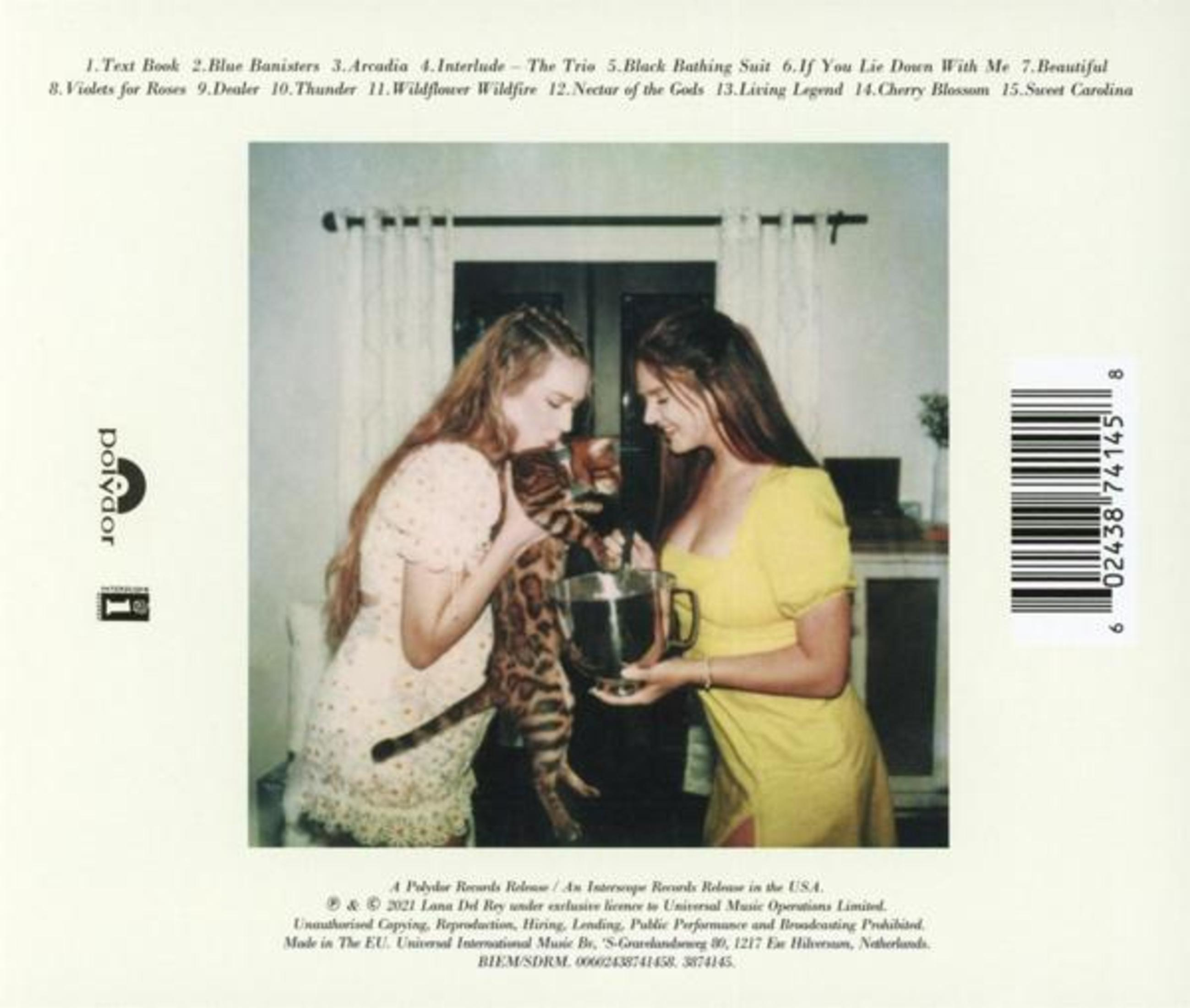 Due donne con un gatto e una ciotola. La copertina posteriore di un album con una tracklist.
