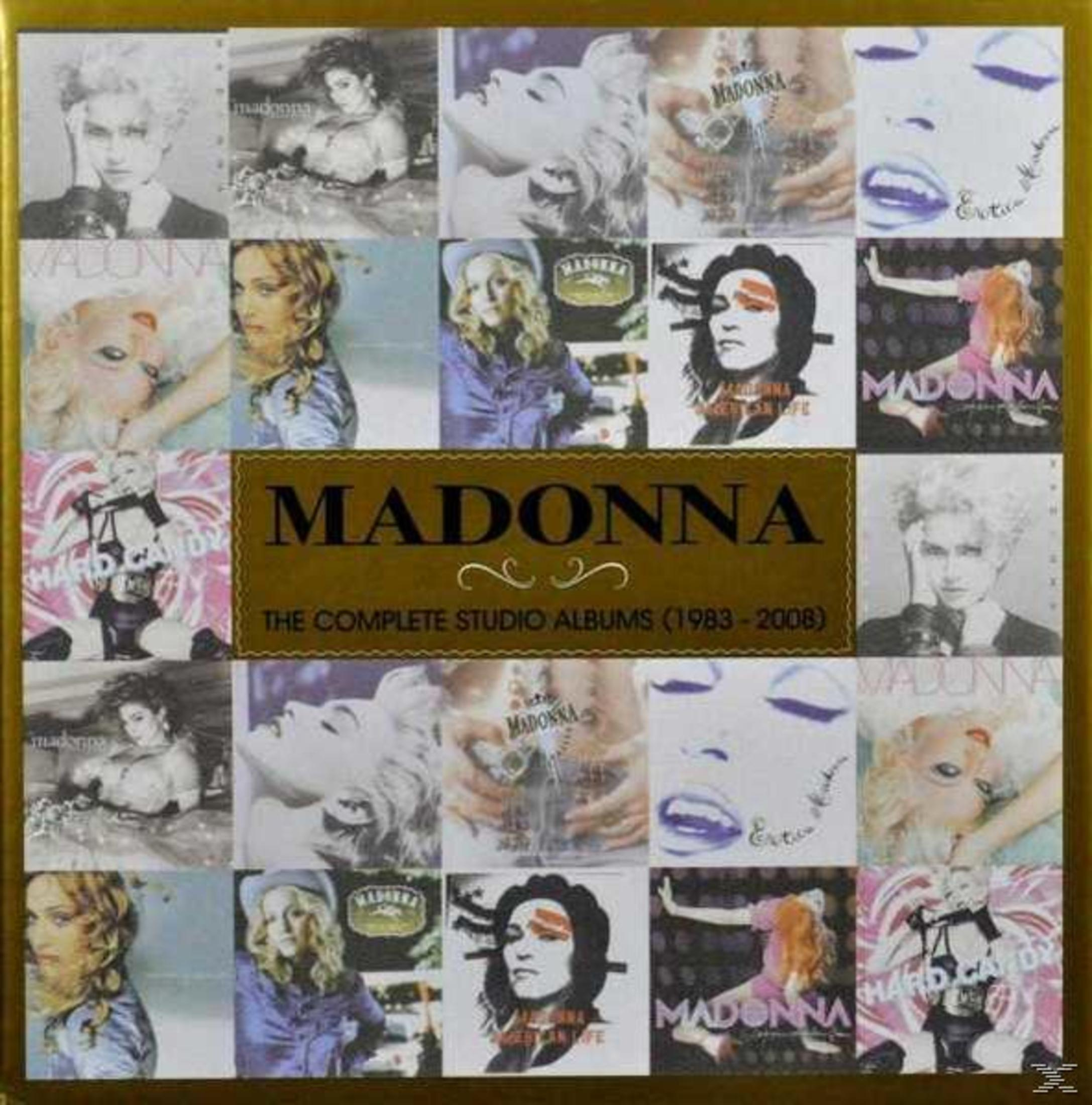 Albumhoes: Meerdere Madonna-afbeeldingen met de titel 'Madonna' in goud.