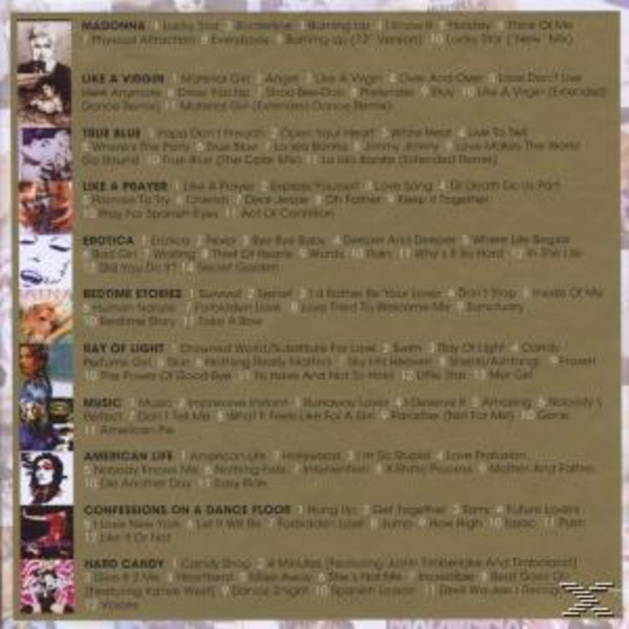 CD-hoes: tracklijst voor Madonna-albums. Meerdere Madonna-albumhoezen met albumtracklist.