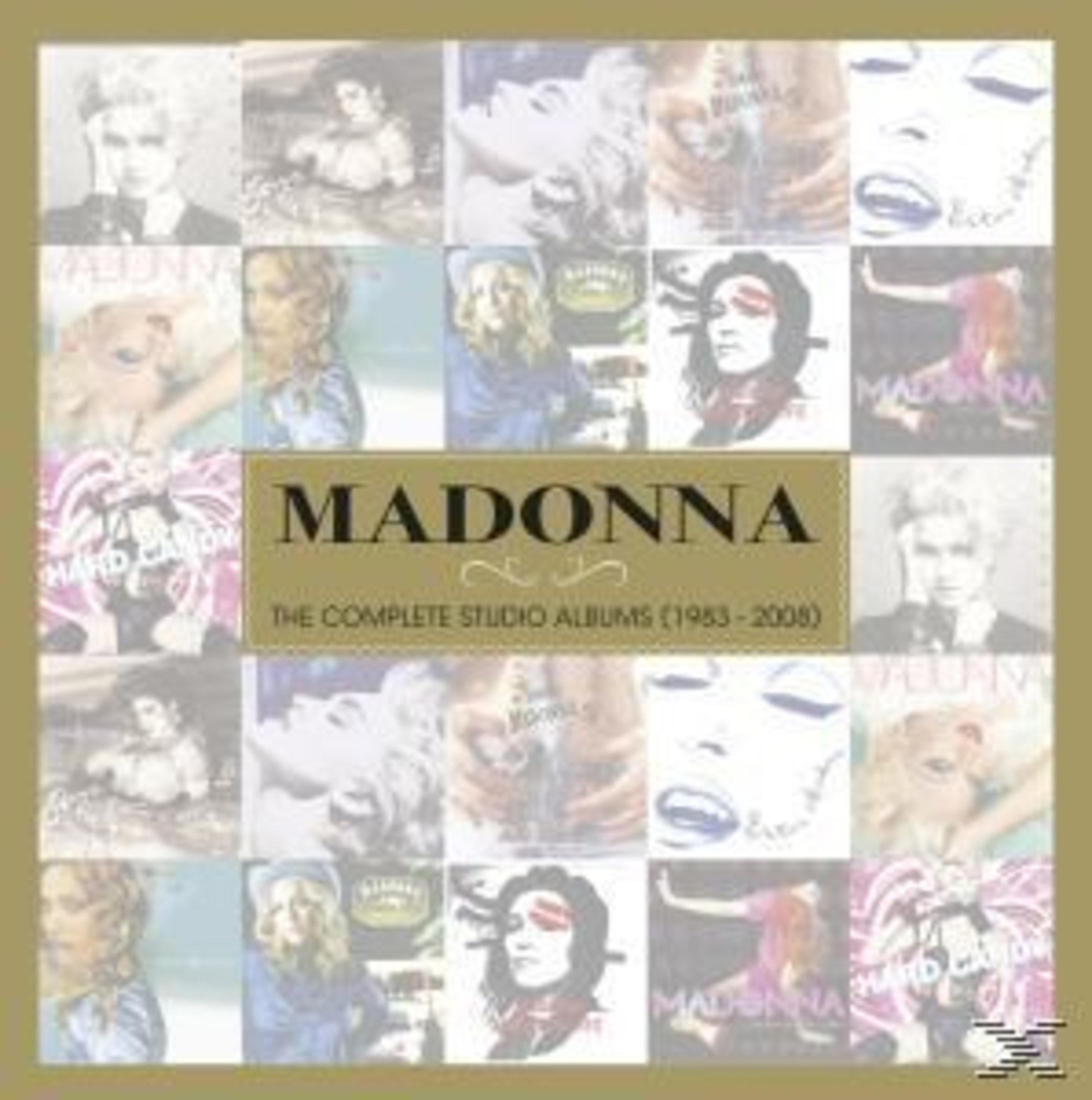 Madonna albumhoes: collage van Madonna's gezichten, gouden tekst.