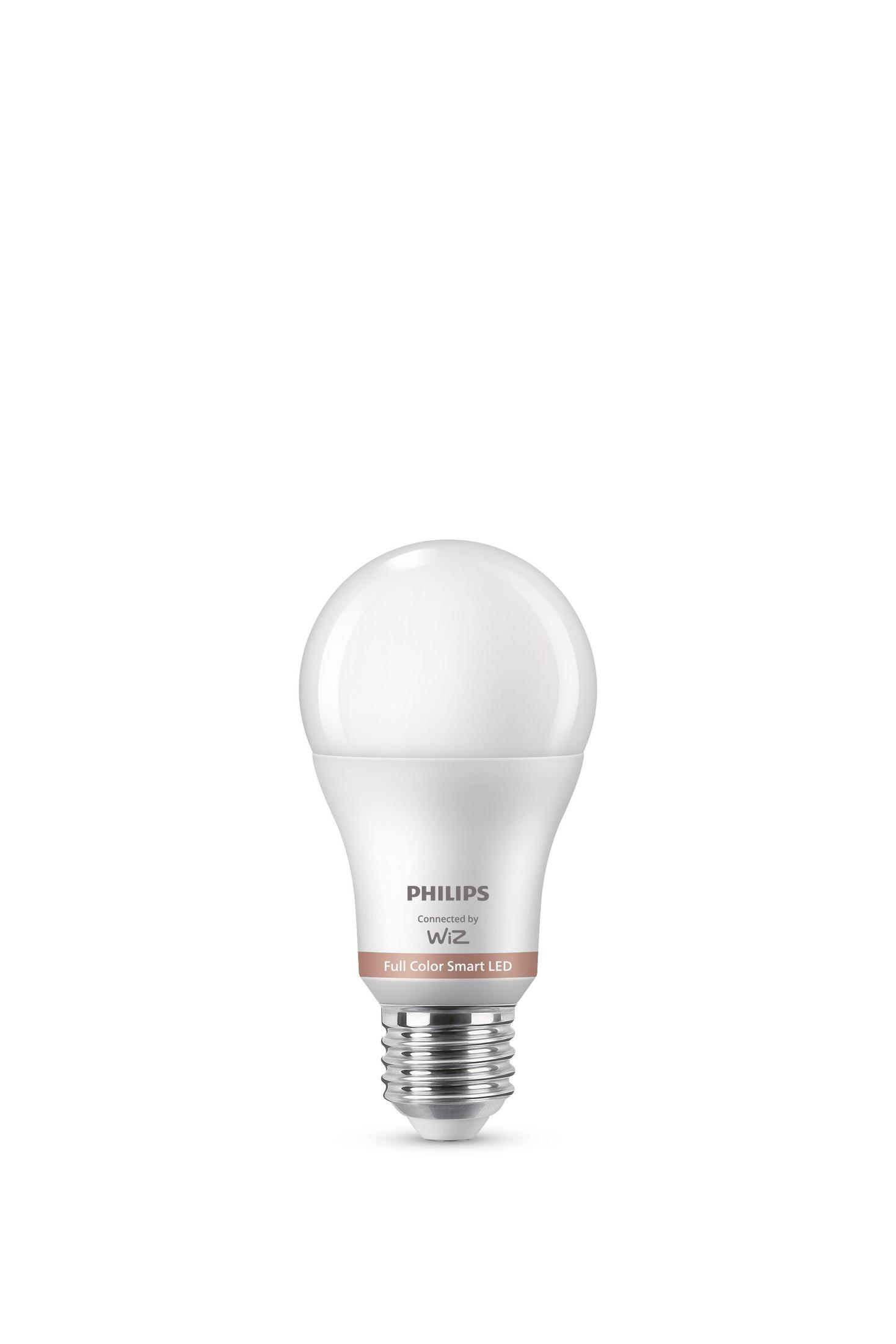Biała inteligentna żarówka LED Philips. Żarówka ma metalową podstawę i różowy pasek.