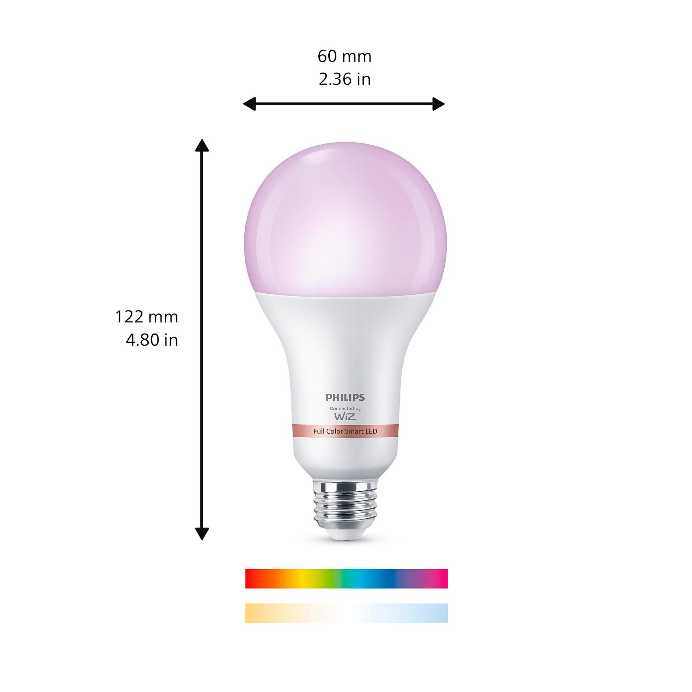 Biała i srebrna żarówka LED z różowym światłem. Wymiary: 60 mm szerokości, 122 mm długości.