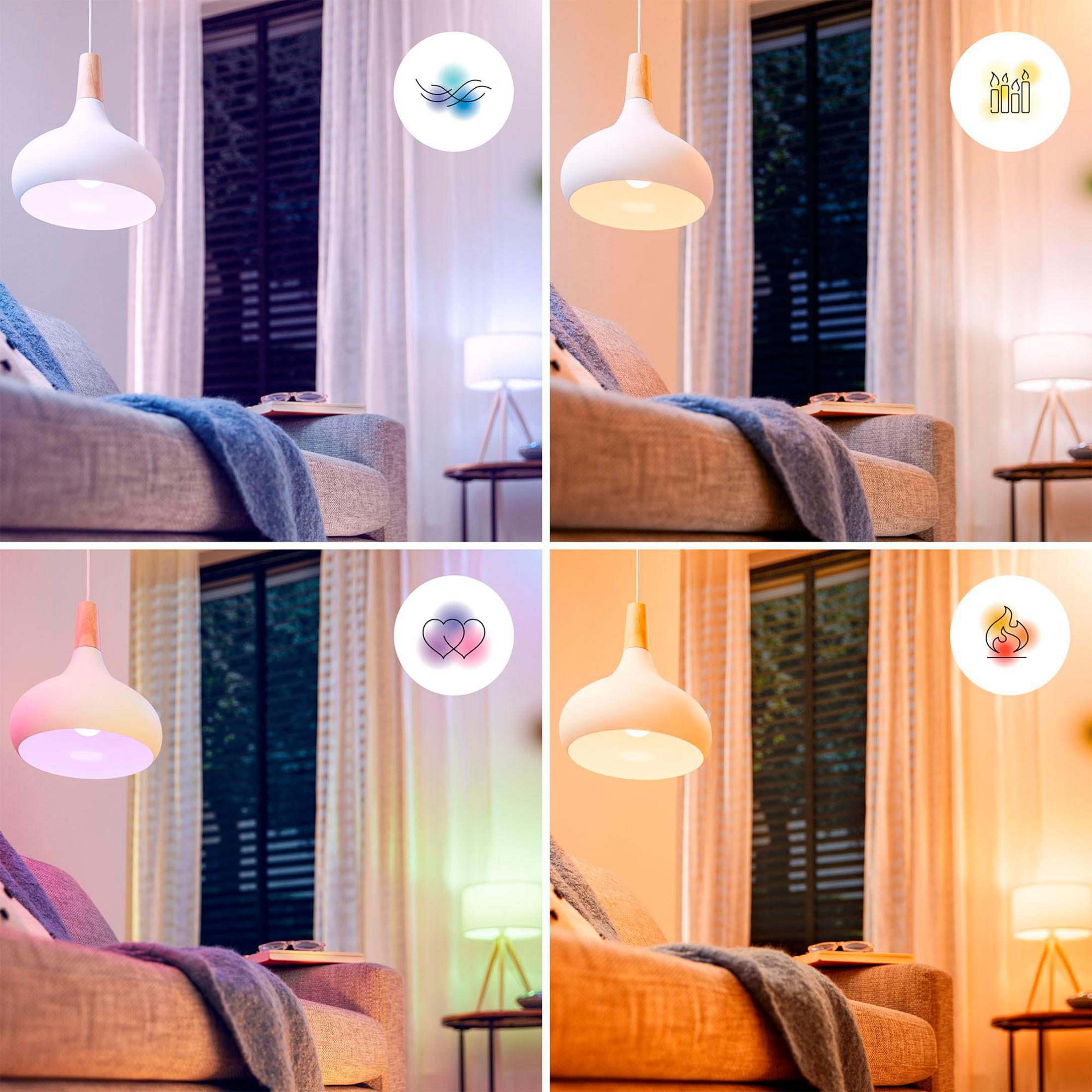 Cztery obrazy przedstawiające różne efekty świetlne z lamp wiszących w salonie.