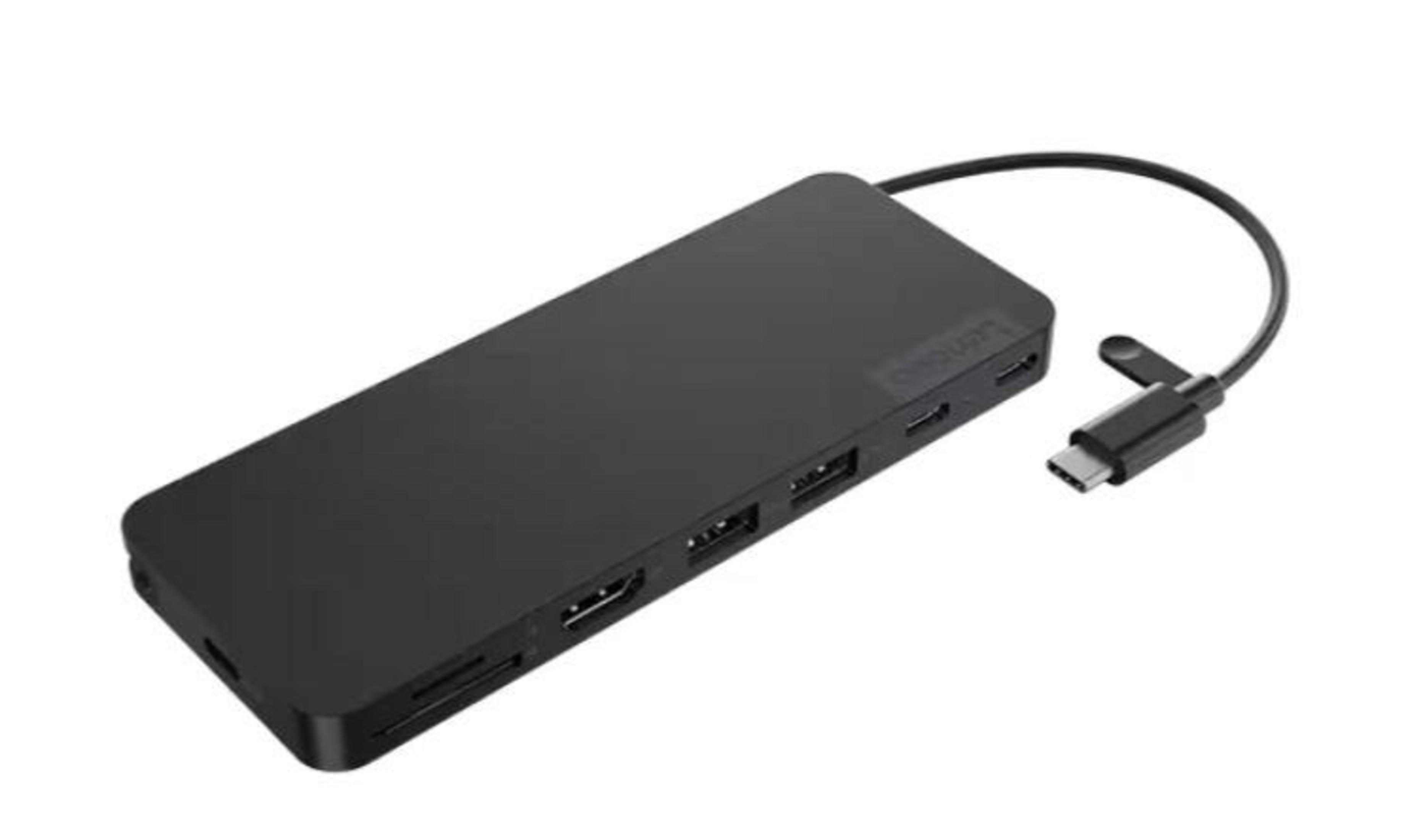 Hub USB-C Lenovo negro. Varios puertos y conector USB-C visibles.