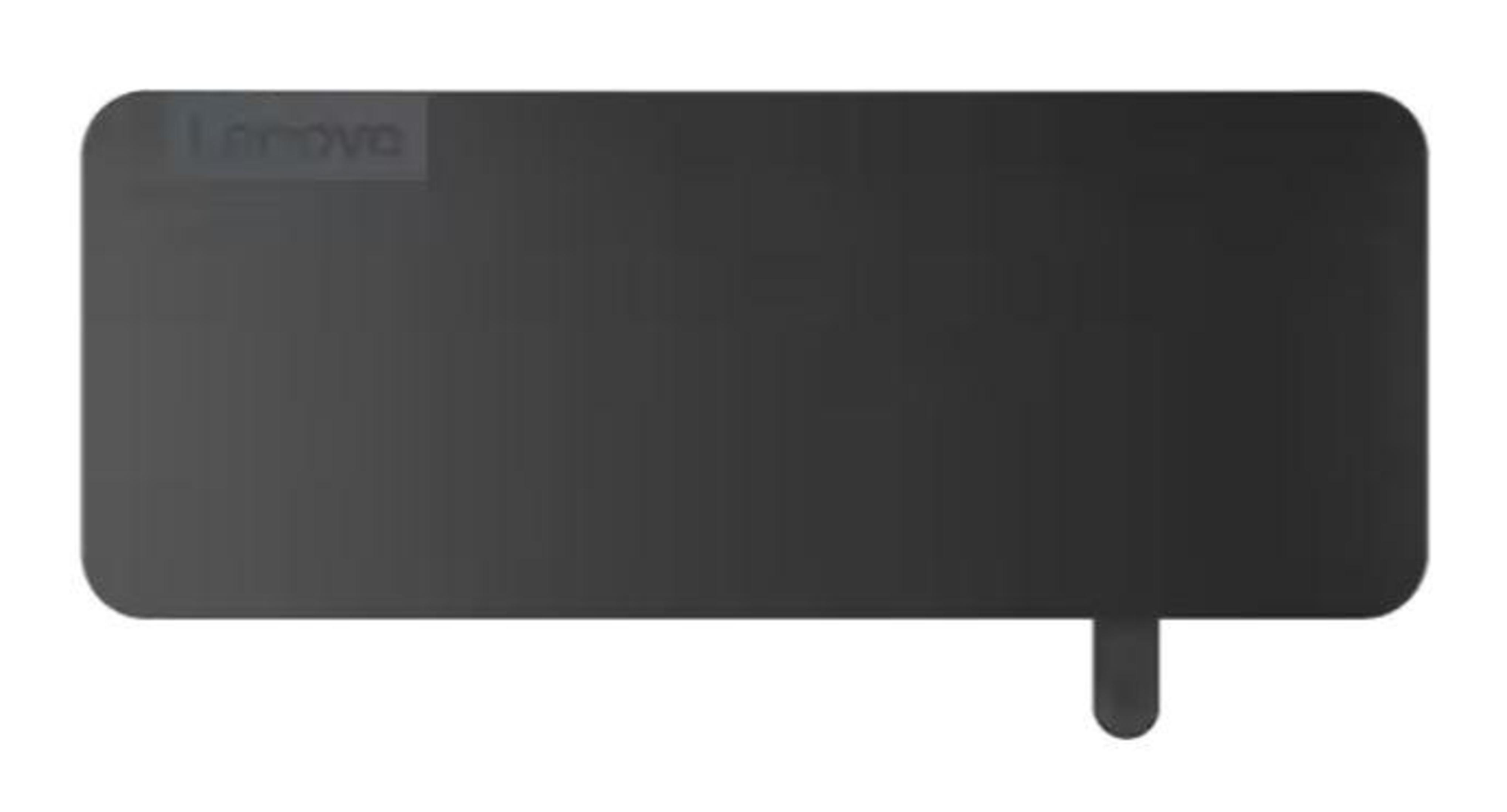 Tableta Lenovo negra. Logotipo de Lenovo. Forma rectangular con bordes curvos. Negro con un pequeño soporte.