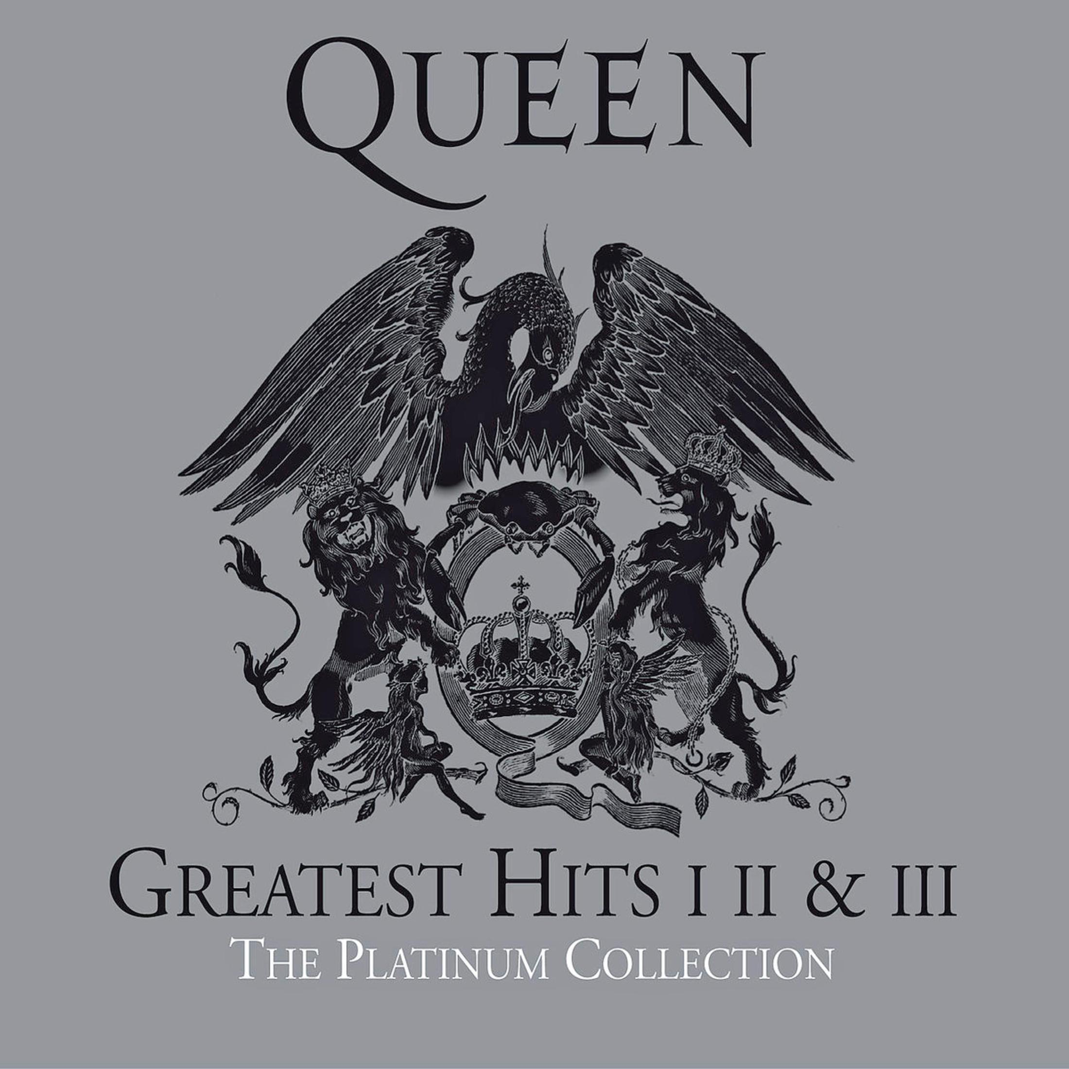 Copertina dell'album Greatest Hits dei Queen. Stemma in bianco e nero con la parola 'Queen' in alto.