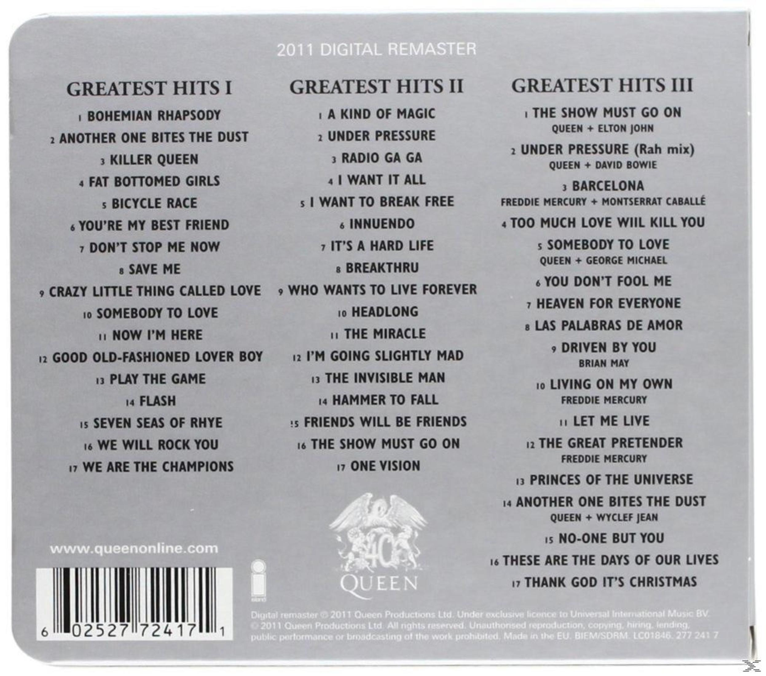 Copertina dell'album dei Queen con la tracklist di Greatest Hits I, II e III.
