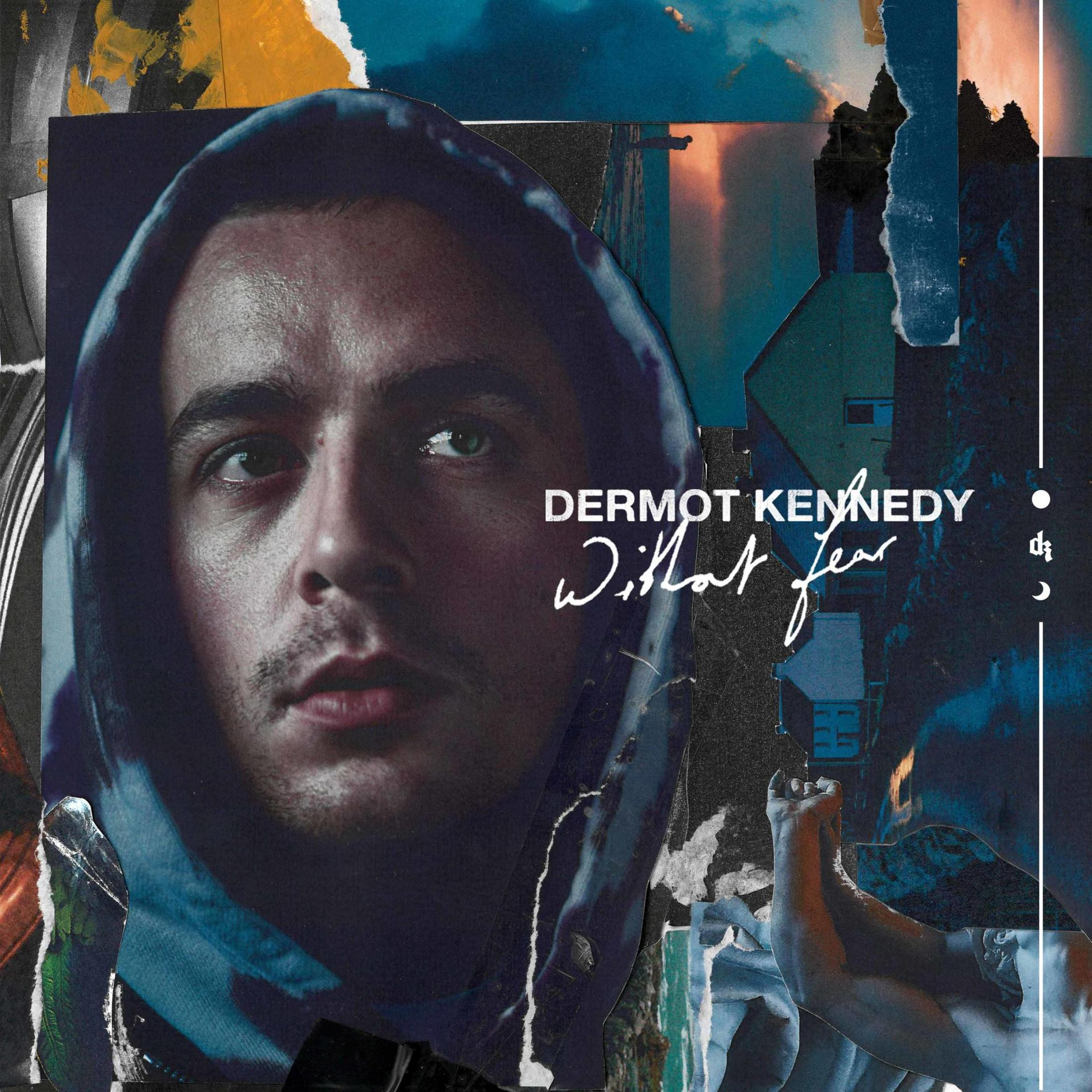 Man in a hoodie. Album cover with text: Dermot Kennedy Without Fear. Torn paper background.