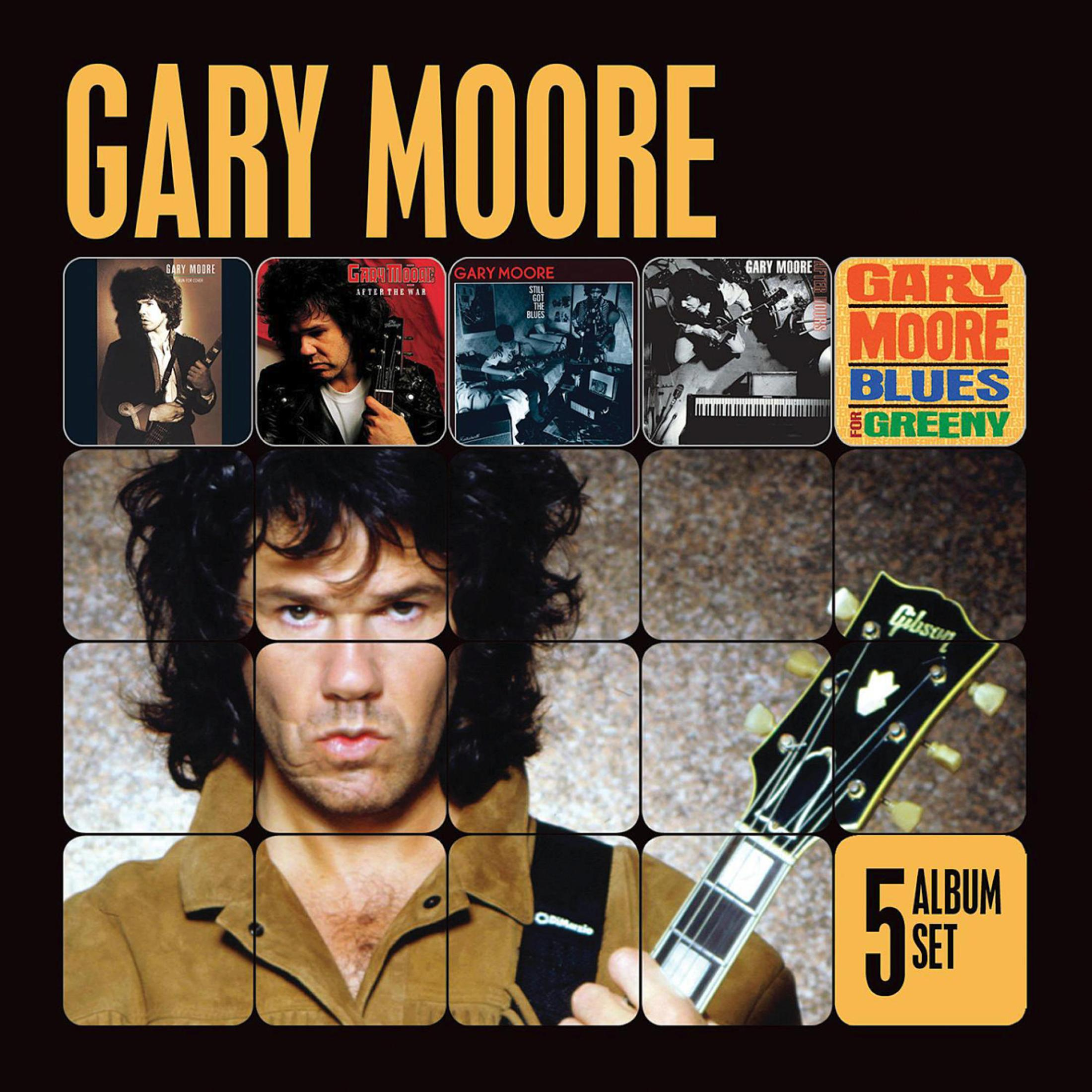 Een compilatie van Gary Moore albumhoezen. Een foto van Gary Moore linksonder.