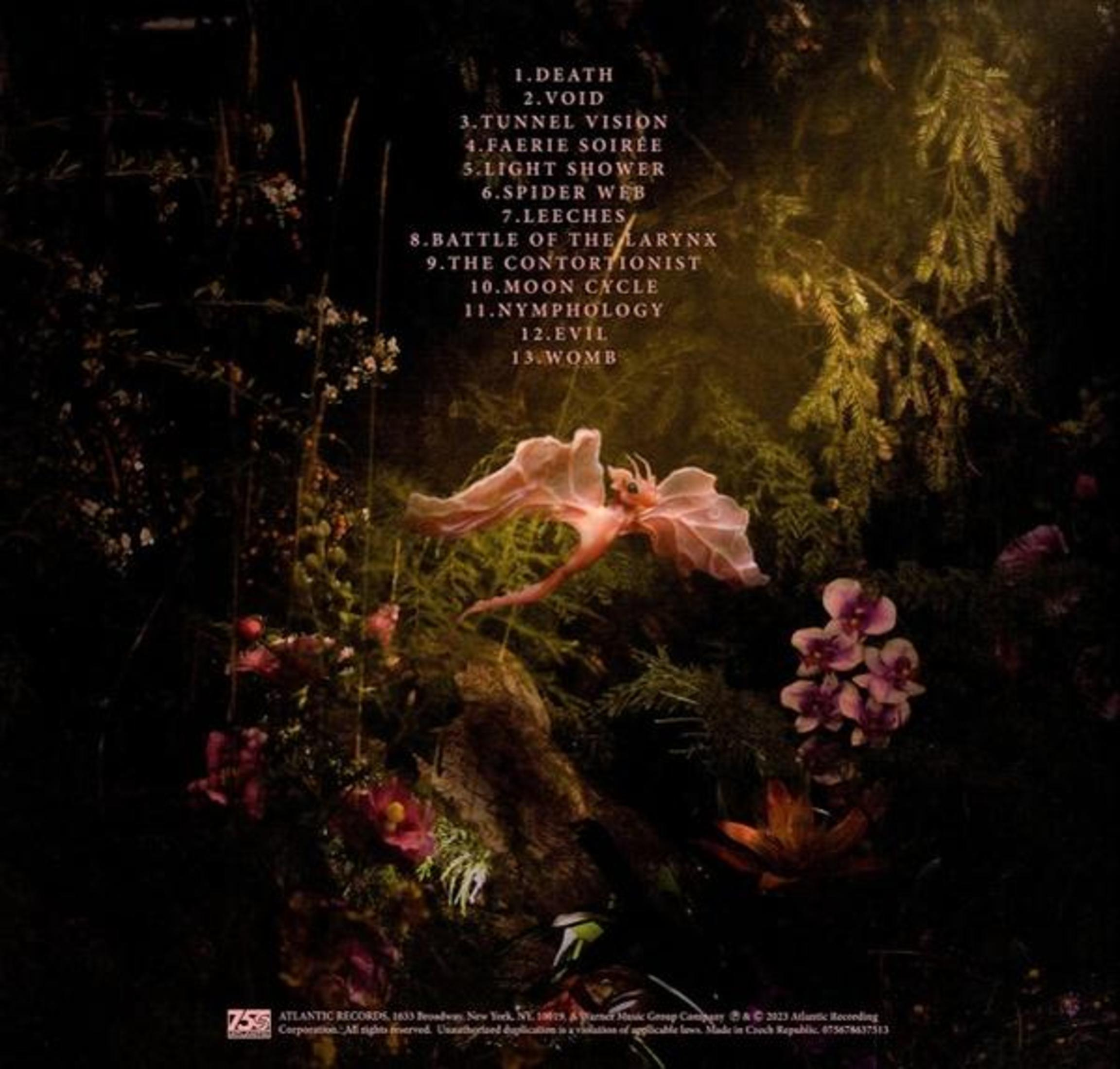 Achterkant van het album: Tracklist van nummers. Een fee en een boslandschap. Atlantic Records-logo linksonder.