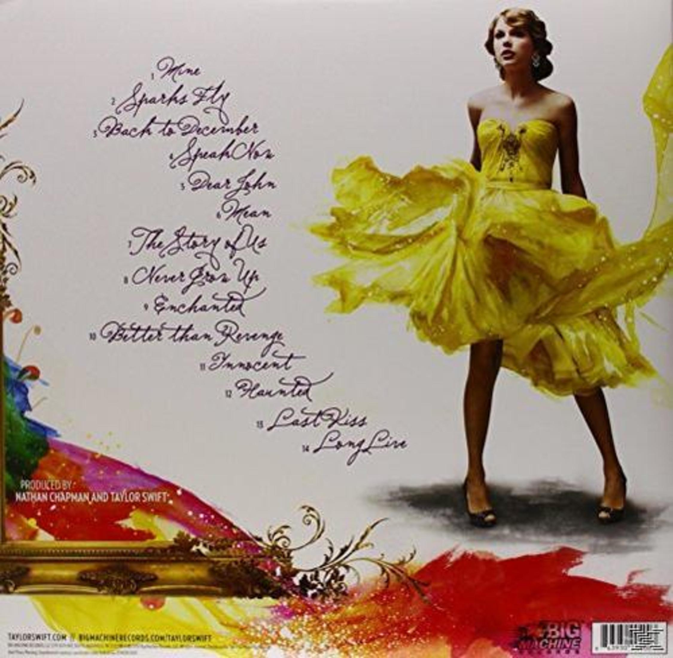 Taylor Swift sul retro di un album con abito giallo e lista canzoni.