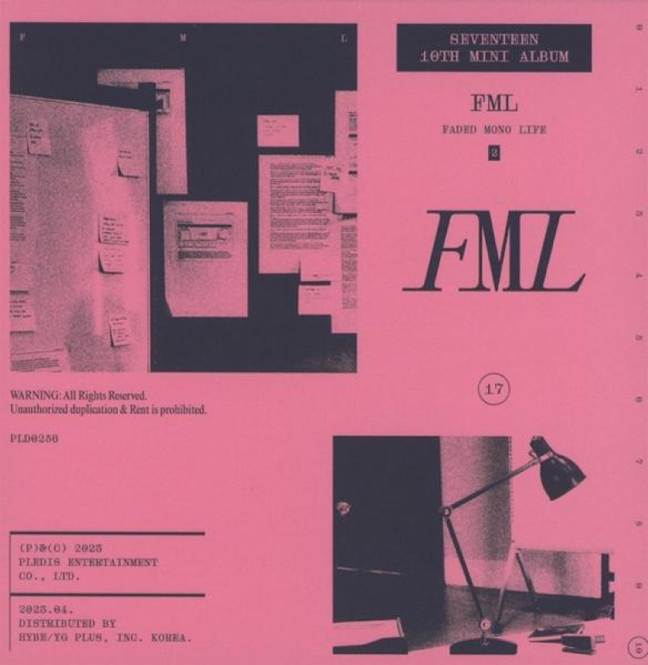 Albumhoes: Roze achtergrond met tekst en afbeeldingen, titel 'FML' en bureauscène.