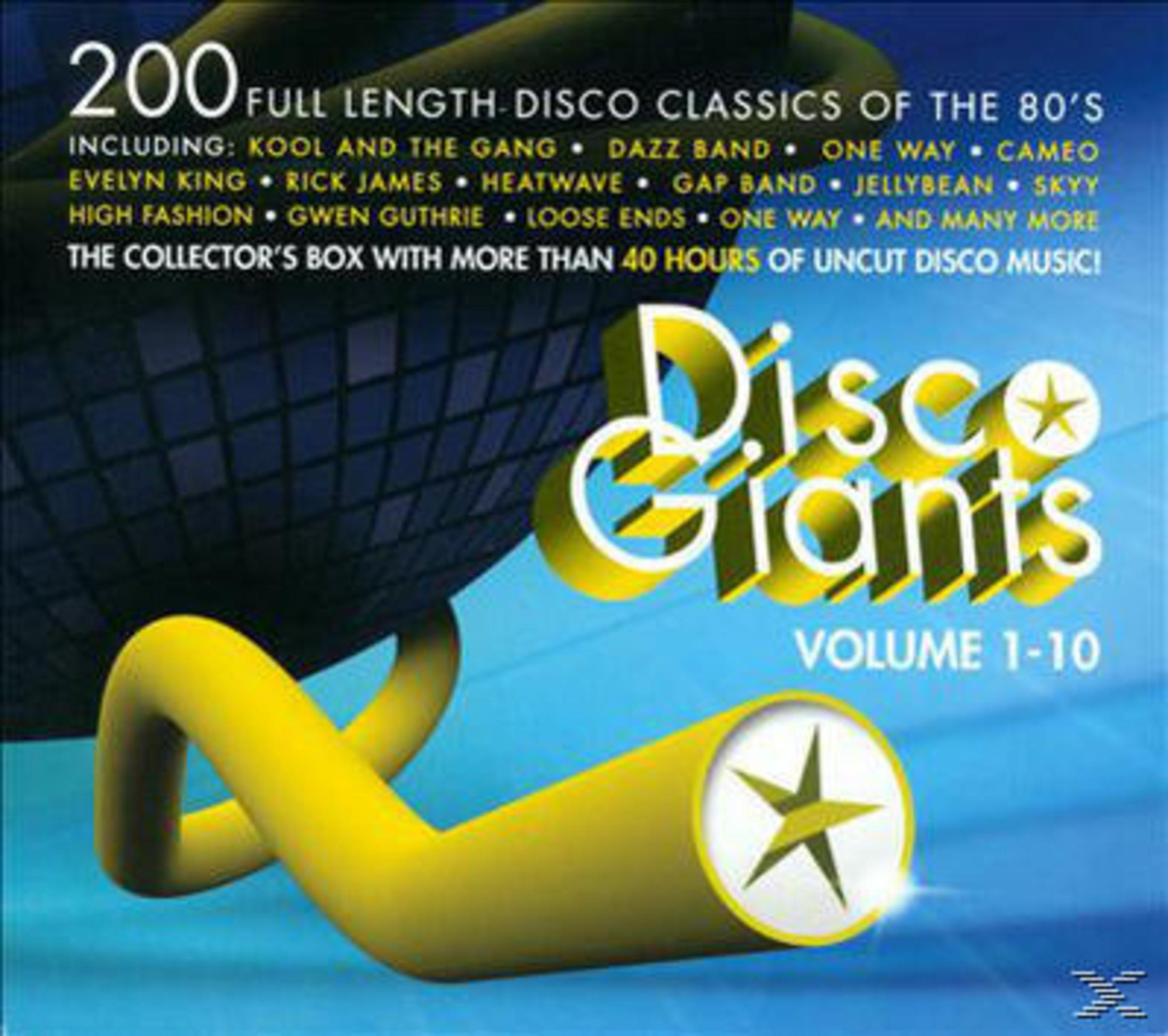 Pochette de l'album 'Disco Giants' avec une forme abstraite jaune et du texte. Comprend une étoile et une boule disco.