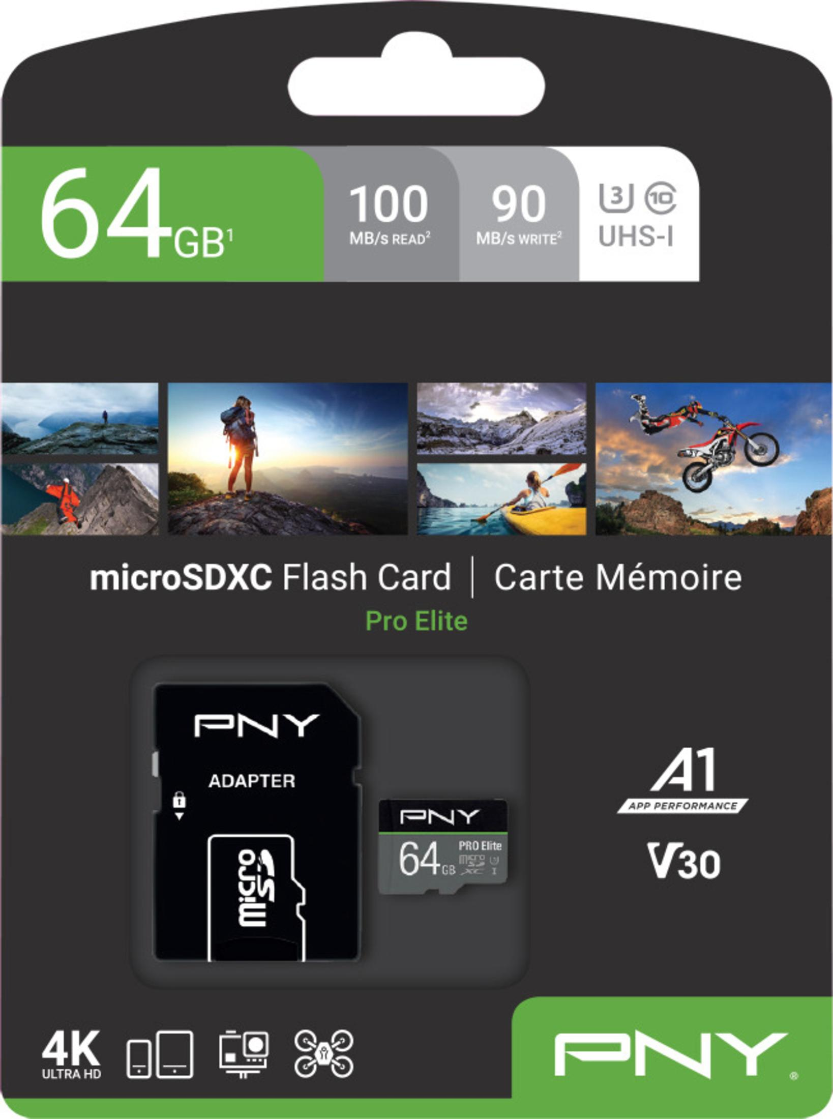 Verpackung einer PNY microSDXC-Flash-Karte und Adapter, mit Produktinfo.