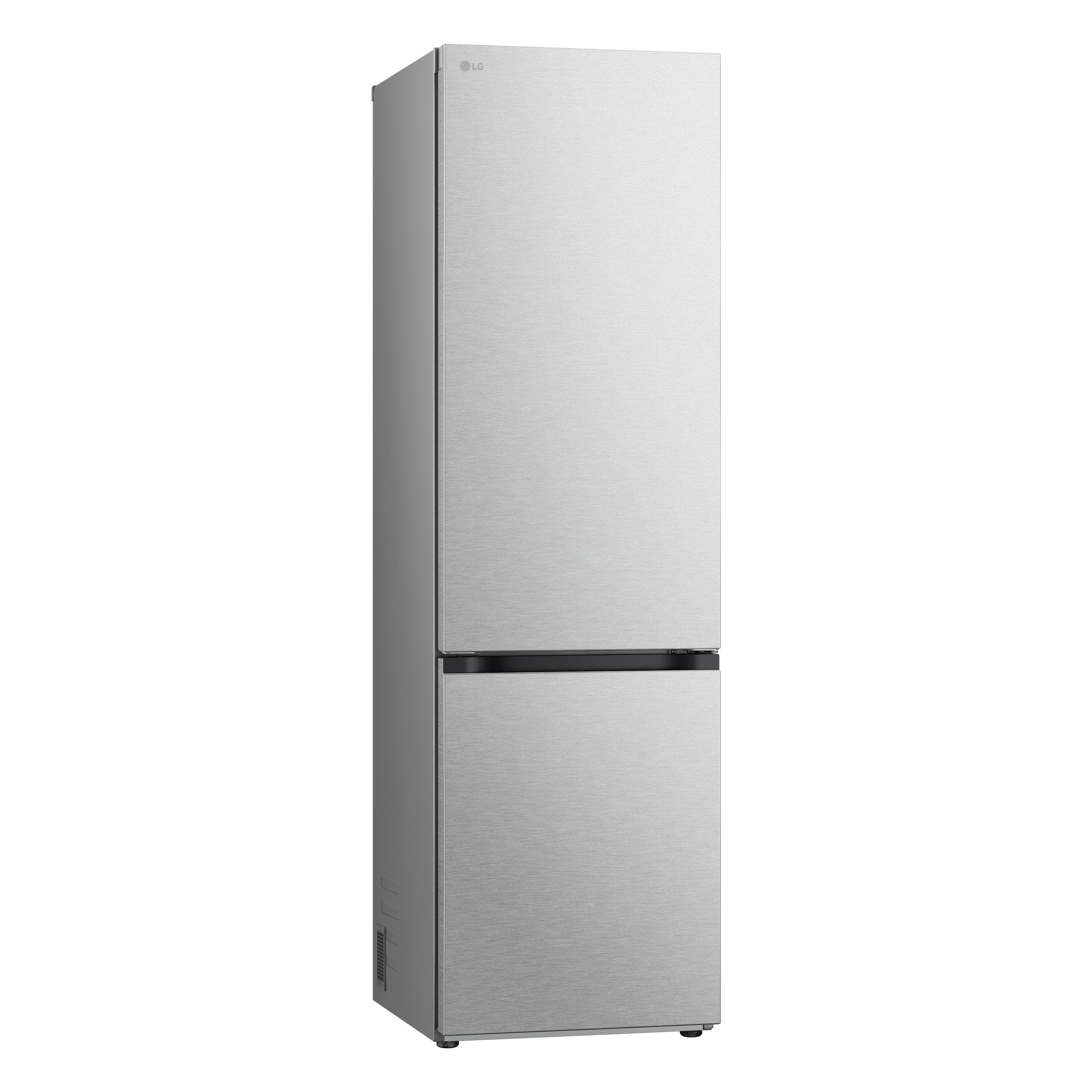 Hoher, silberner Kühlschrank mit zwei Türen, einem schwarzen Griff und dem LG-Logo oben.