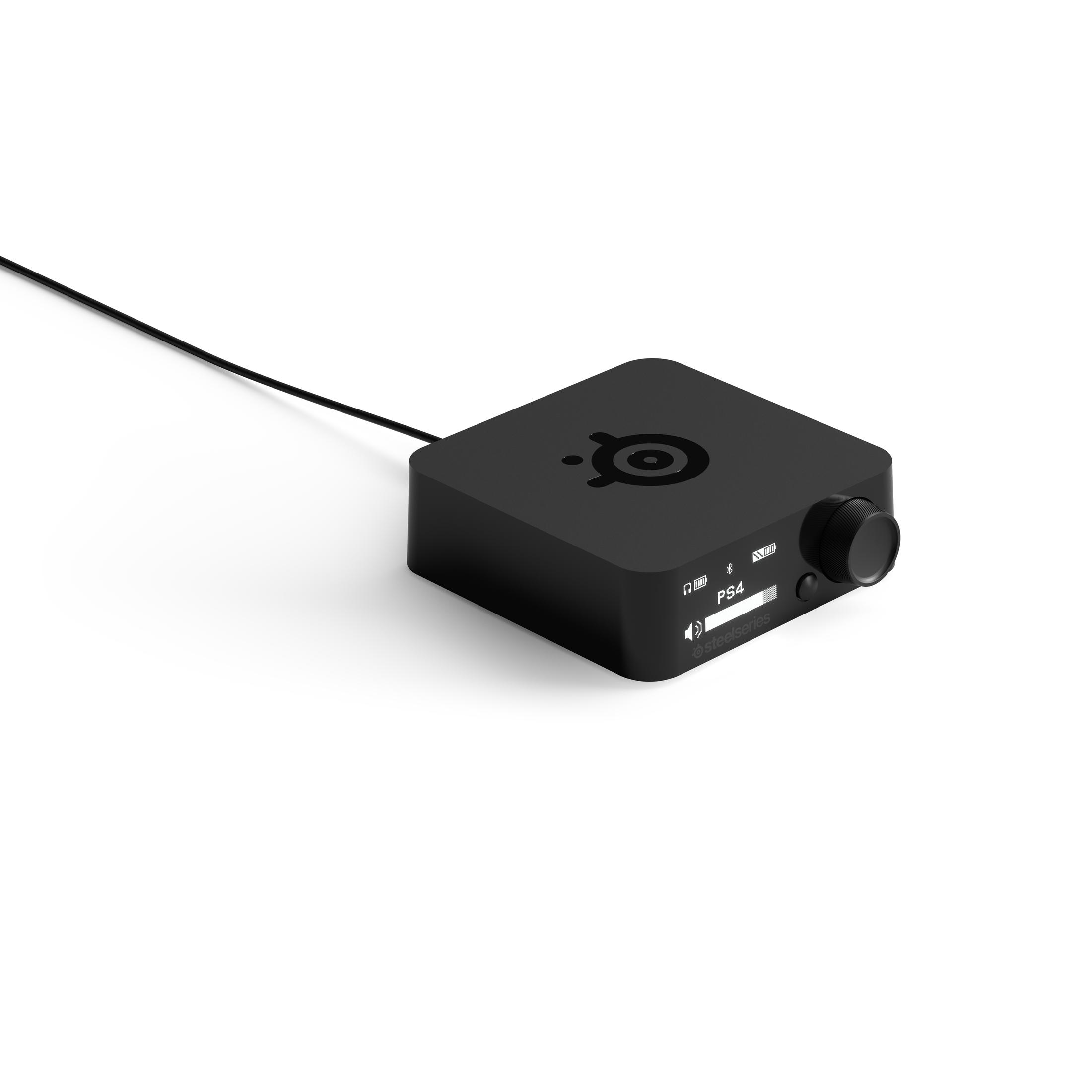 Dispositivo de audio negro con una perilla de control de volumen, vista lateral, sobre fondo blanco.