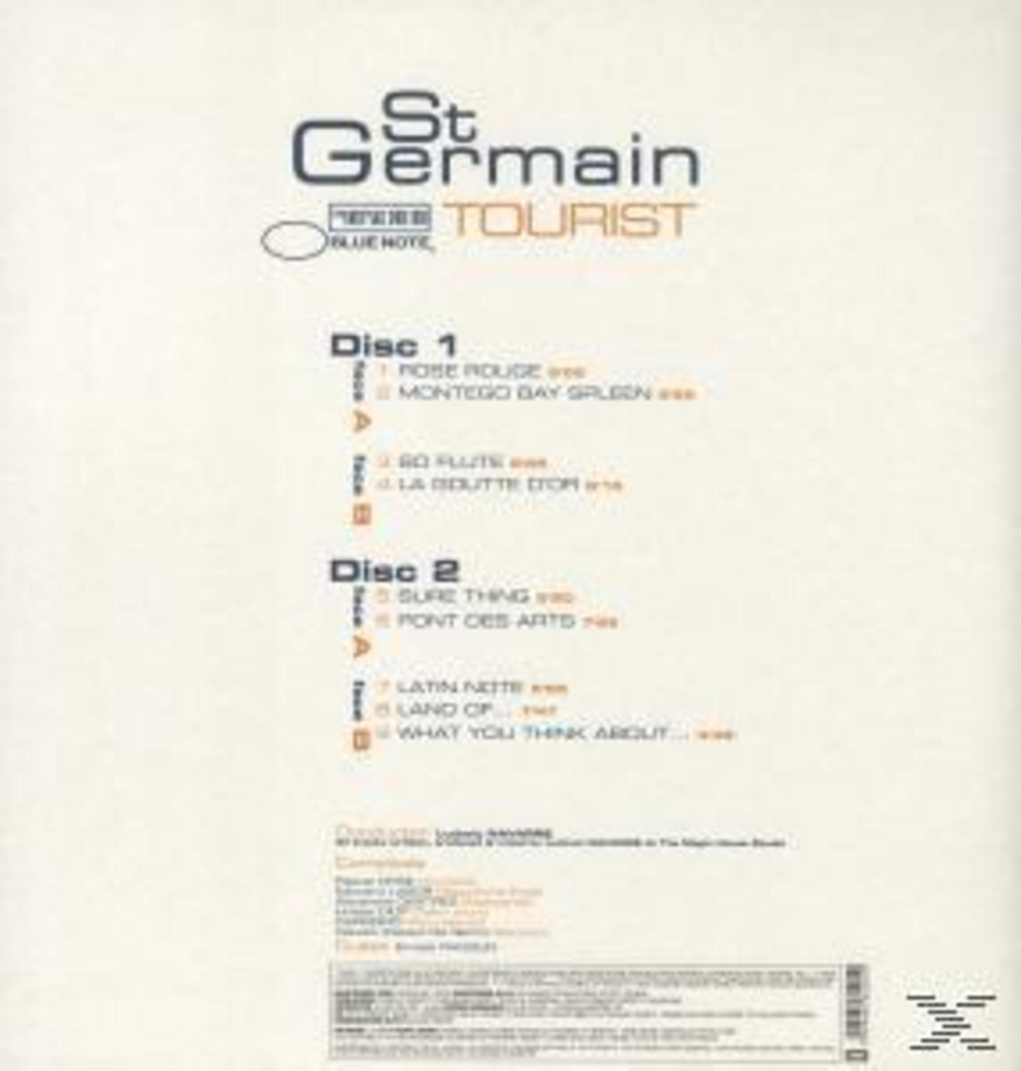Copertina dell'album: 'St Germain - Tourist'. I titoli delle canzoni sono elencati a sinistra. Logo Blue Note.