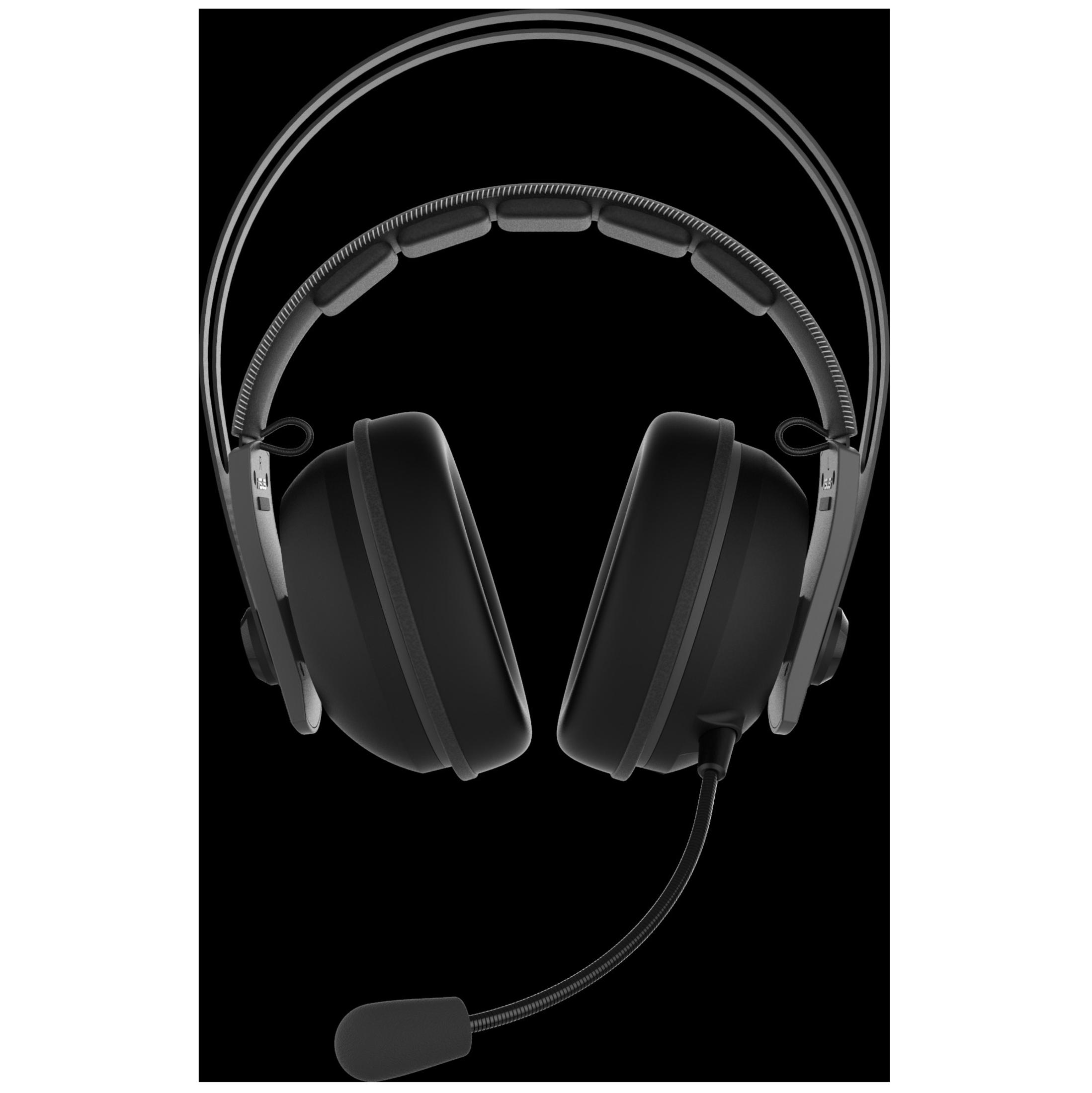 Czarne słuchawki dla graczy z mikrofonem na czarnym tle.