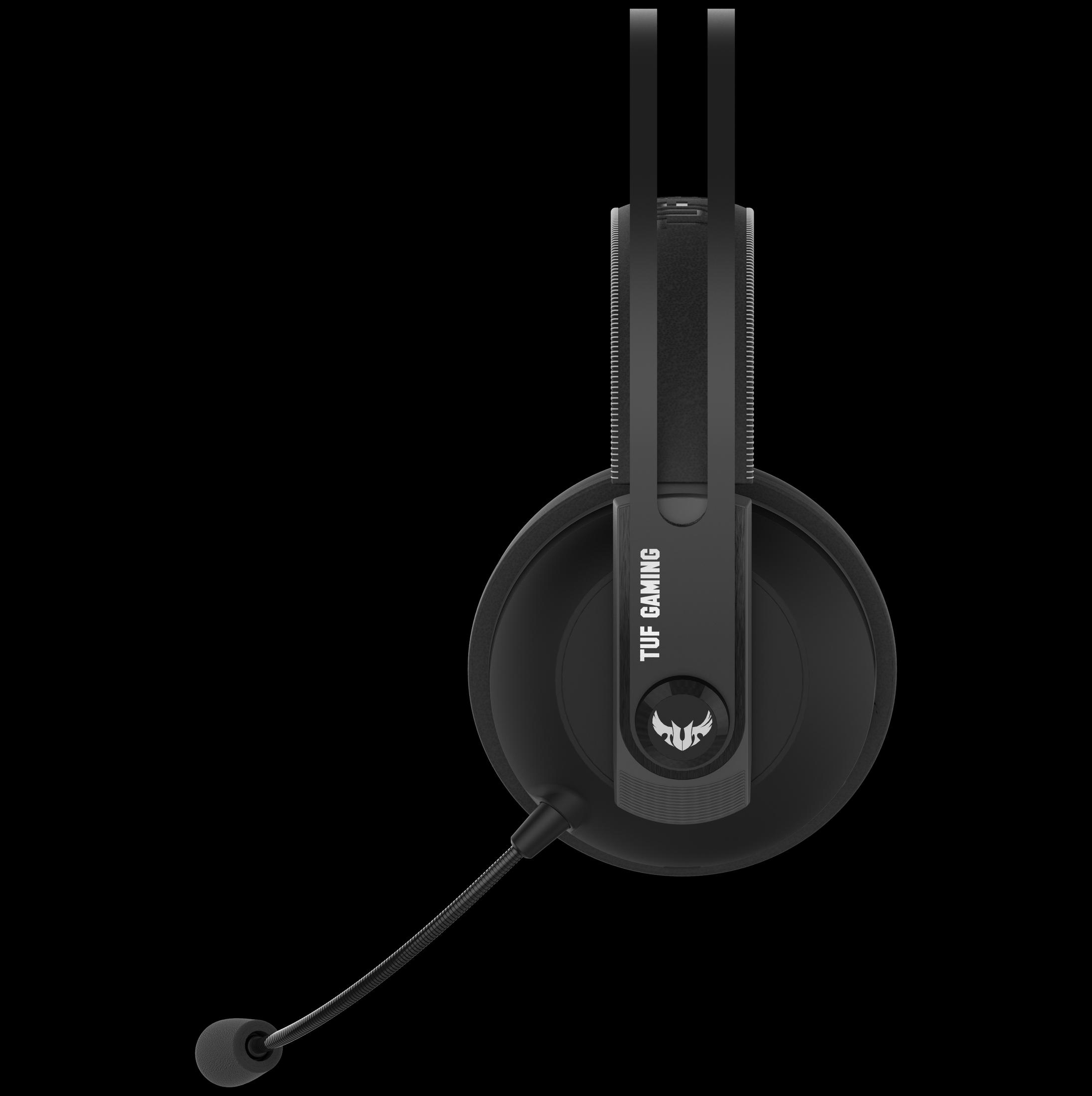 Czarne słuchawki dla graczy na czarnym tle. Z mikrofonem i logo TUF GAMING.