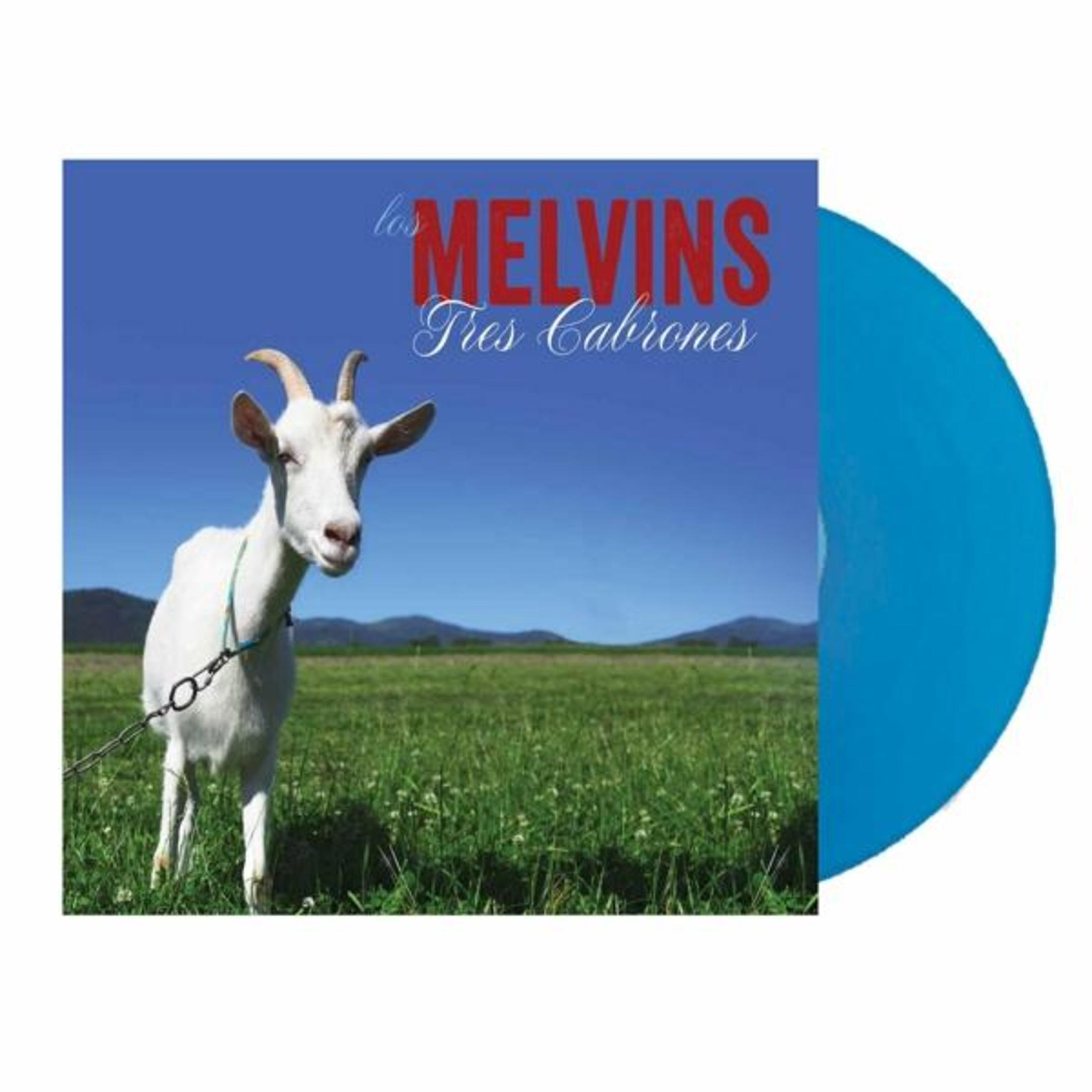 Copertina dell'album: Una capra bianca sull'erba verde con cielo blu e il testo 'Los Melvins Tres Cabrones'.