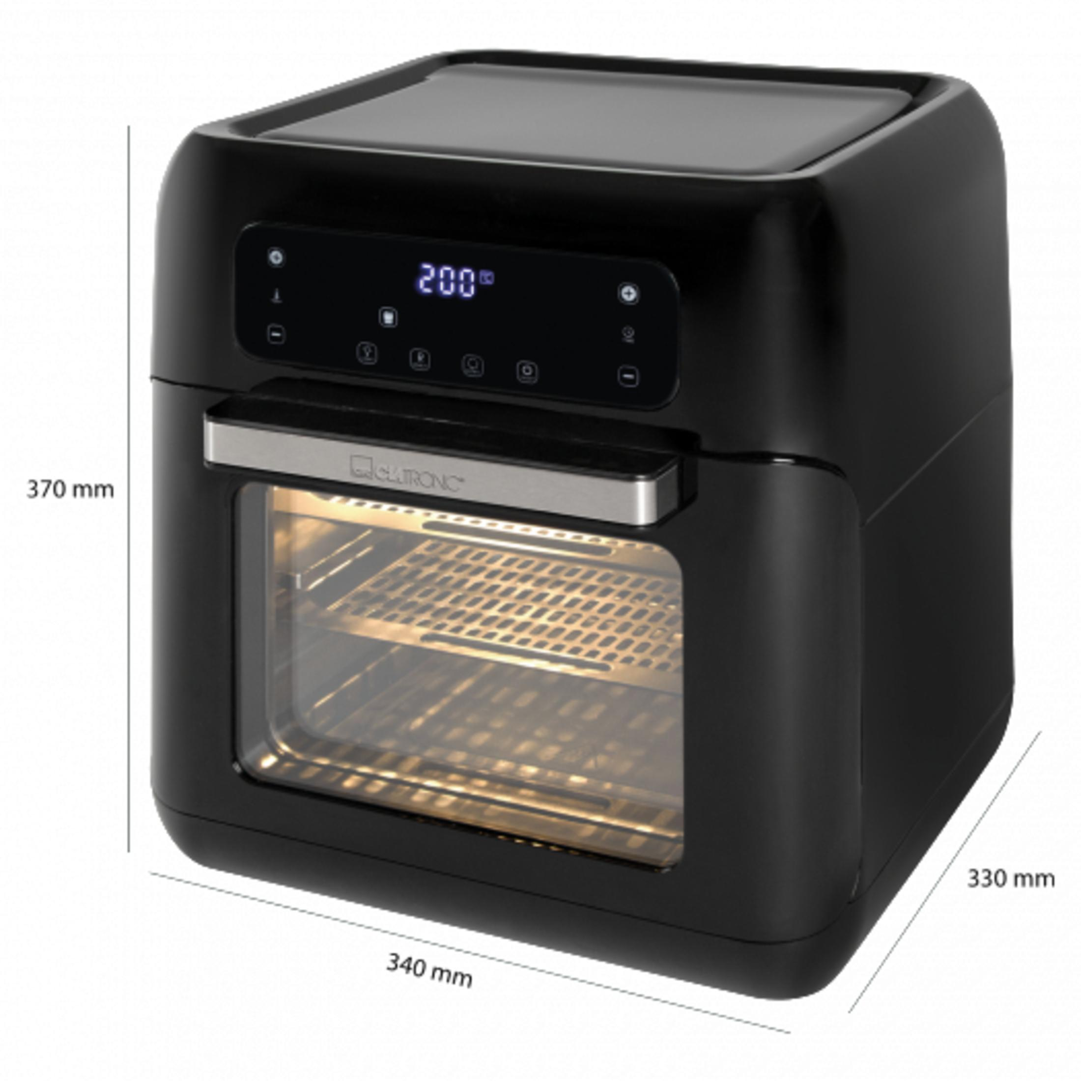 Czarna frytkownica powietrzna o wymiarach: 370mm wysokości, 340mm szerokości, 330mm głębokości.