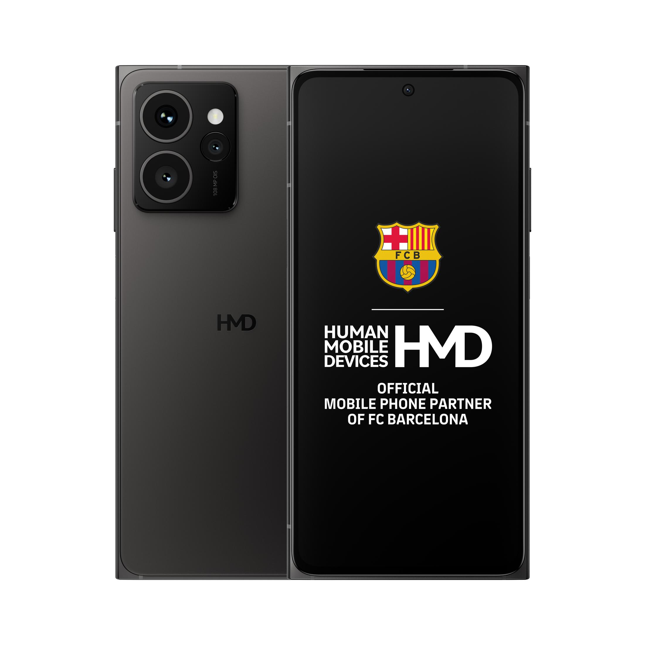 Un telefono HMD nero chiuso con il logo dell'FC Barcellona sullo schermo. Il retro ha il logo HMD.