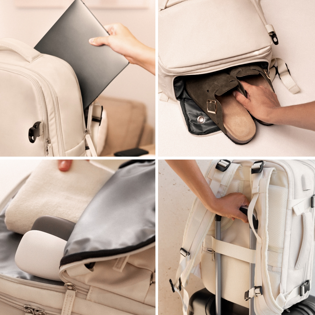 Cuatro imágenes de una mochila. Se empaquetan un portátil, zapatos y otros objetos en la bolsa blanca.