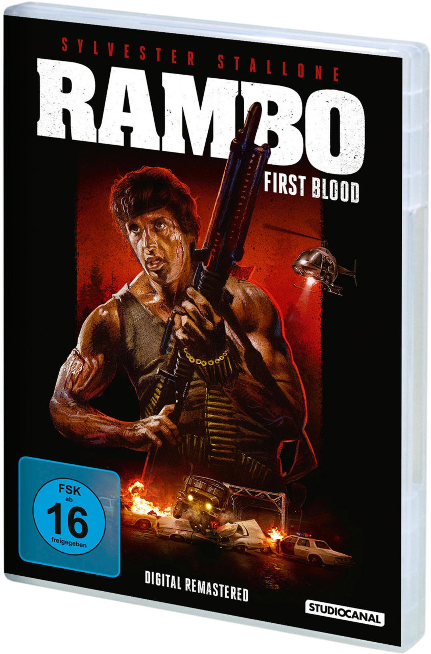 Rambo: First Blood Filmcover. Sylvester Stallone hält eine Waffe. Explosionen und ein Hubschrauber im Hintergrund. FSK 16 Bewertung.