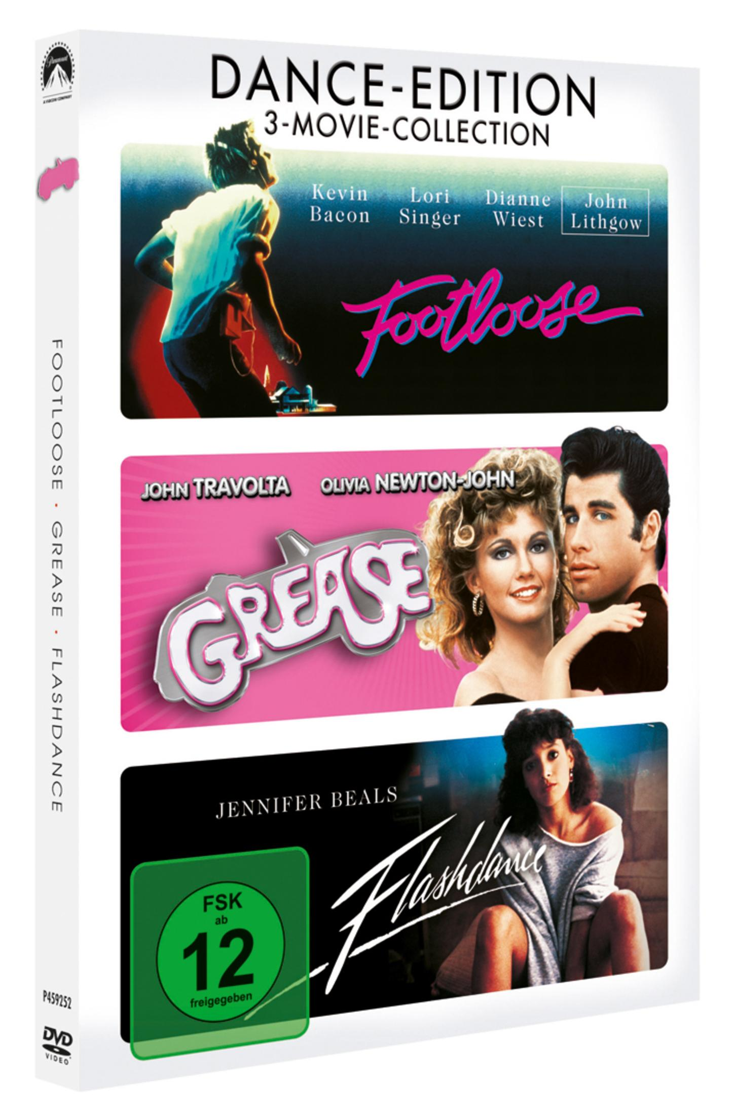 DVD-Cover der Dance-Edition 3-Movie-Collection mit Footloose, Grease und Flashdance.