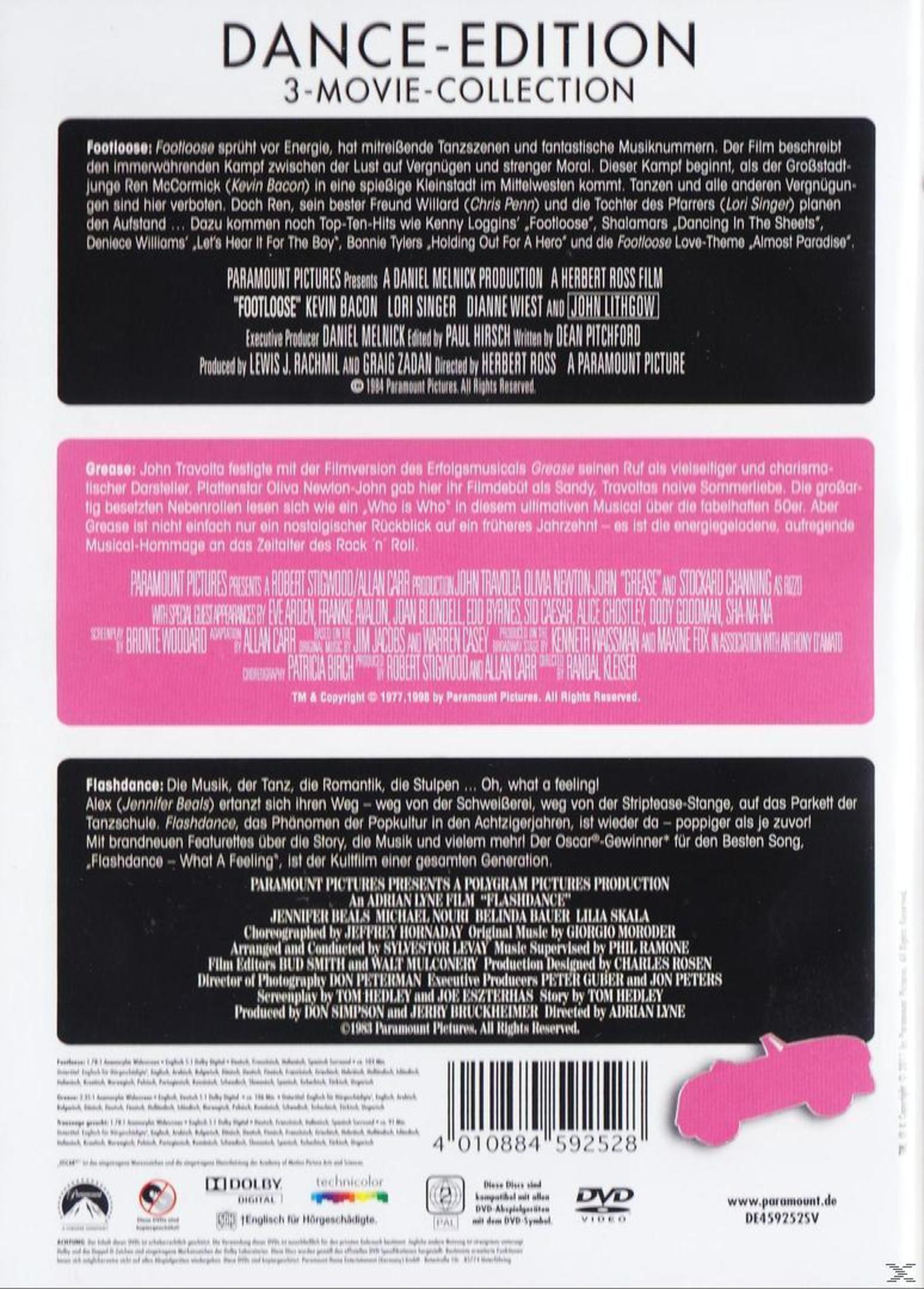Rückseite einer Dance-Edition 3-Film-Kollektion DVD mit Beschreibungen für Footloose, Grease und Flashdance.