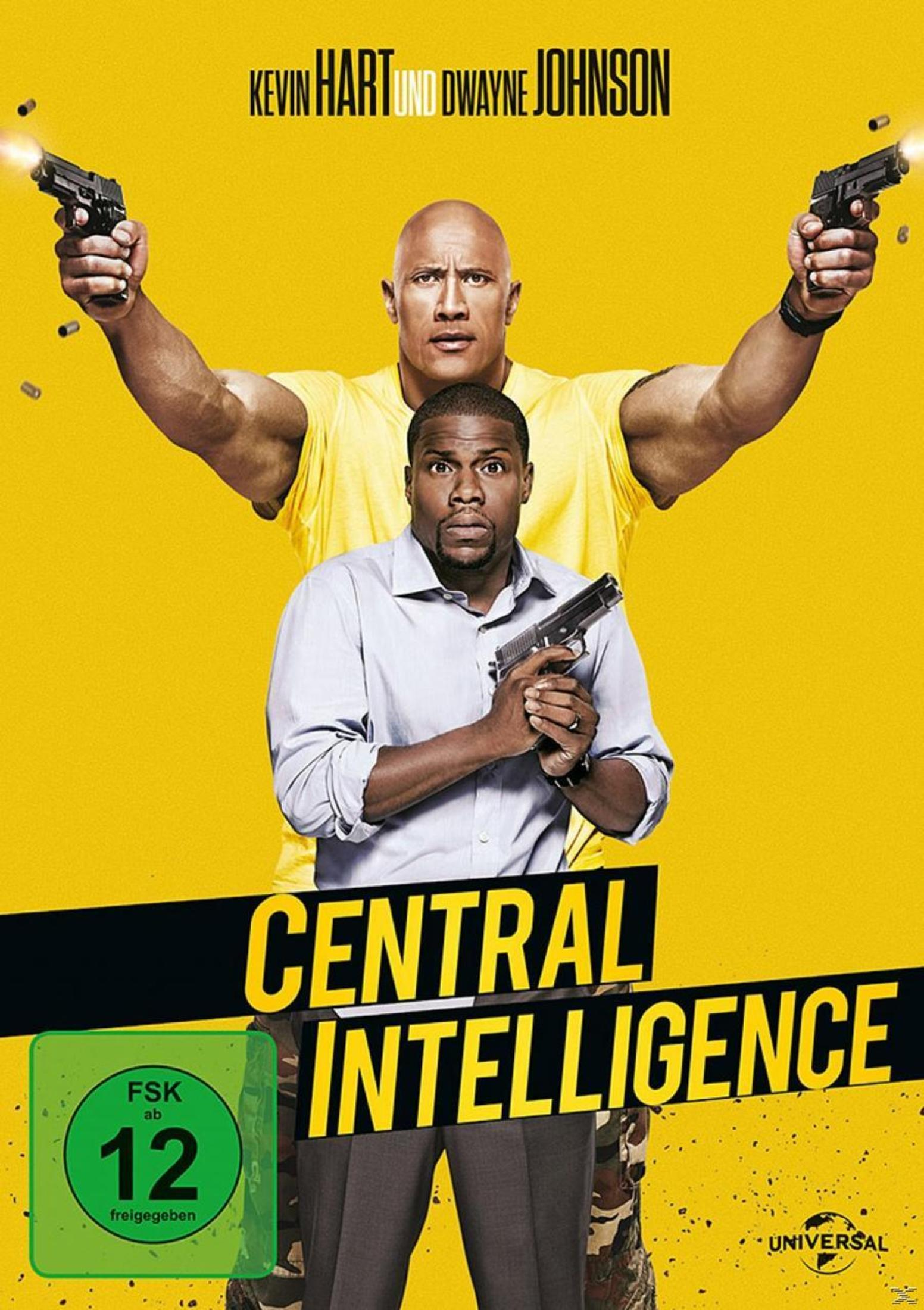 Dwayne Johnson und Kevin Hart halten Waffen vor einem gelben Hintergrund im Central Intelligence-Filmposter.