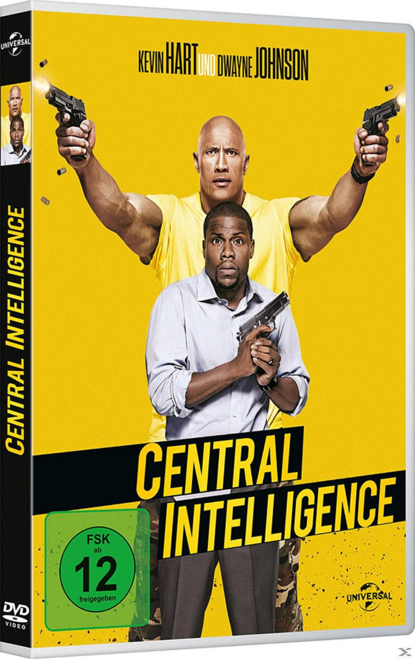 DVD-Cover von Central Intelligence mit Dwayne Johnson und Kevin Hart vor gelbem Hintergrund.
