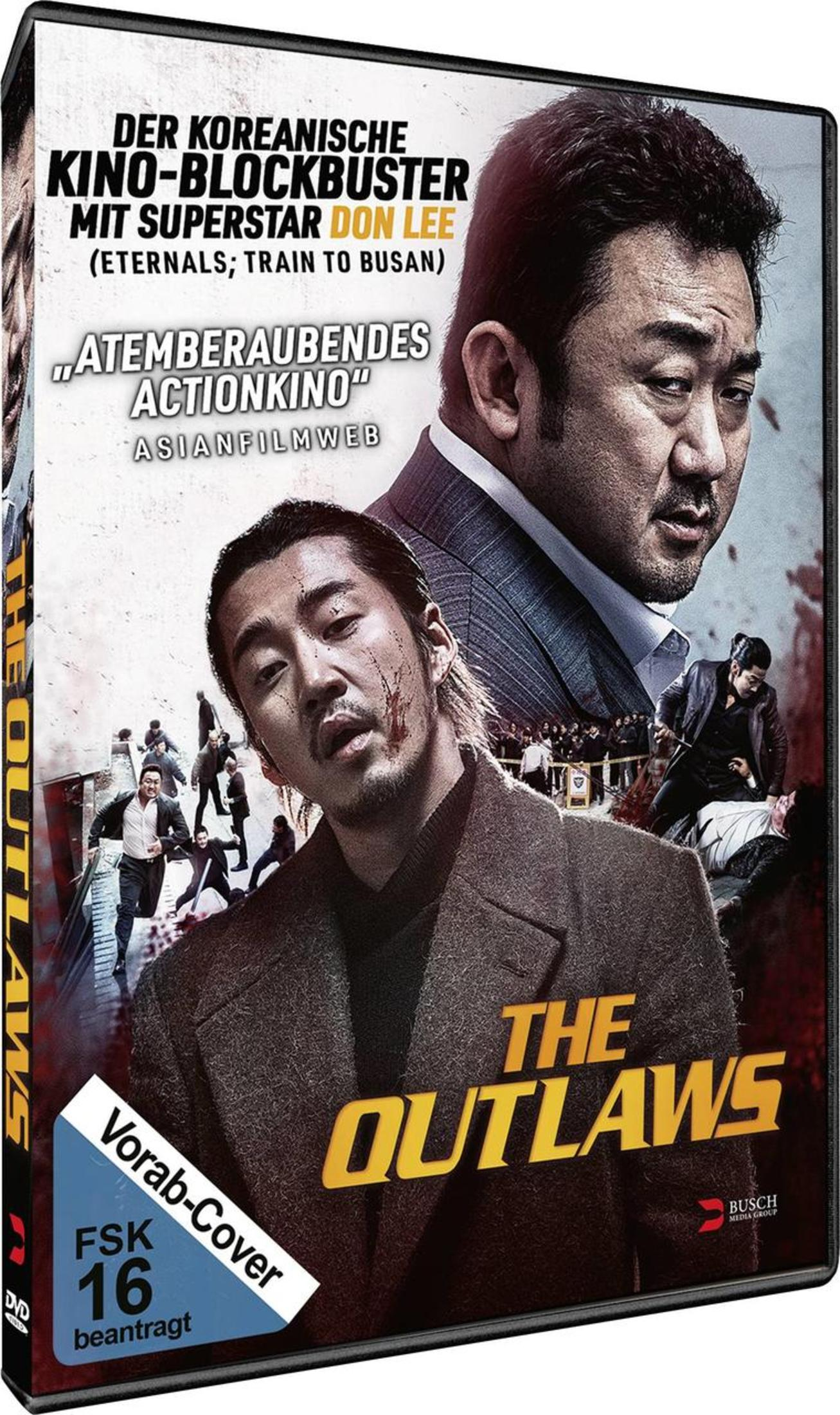 DVD-Cover von The Outlaws mit Action-Szenen und den Hauptdarstellern vor grauen Hintergrund.