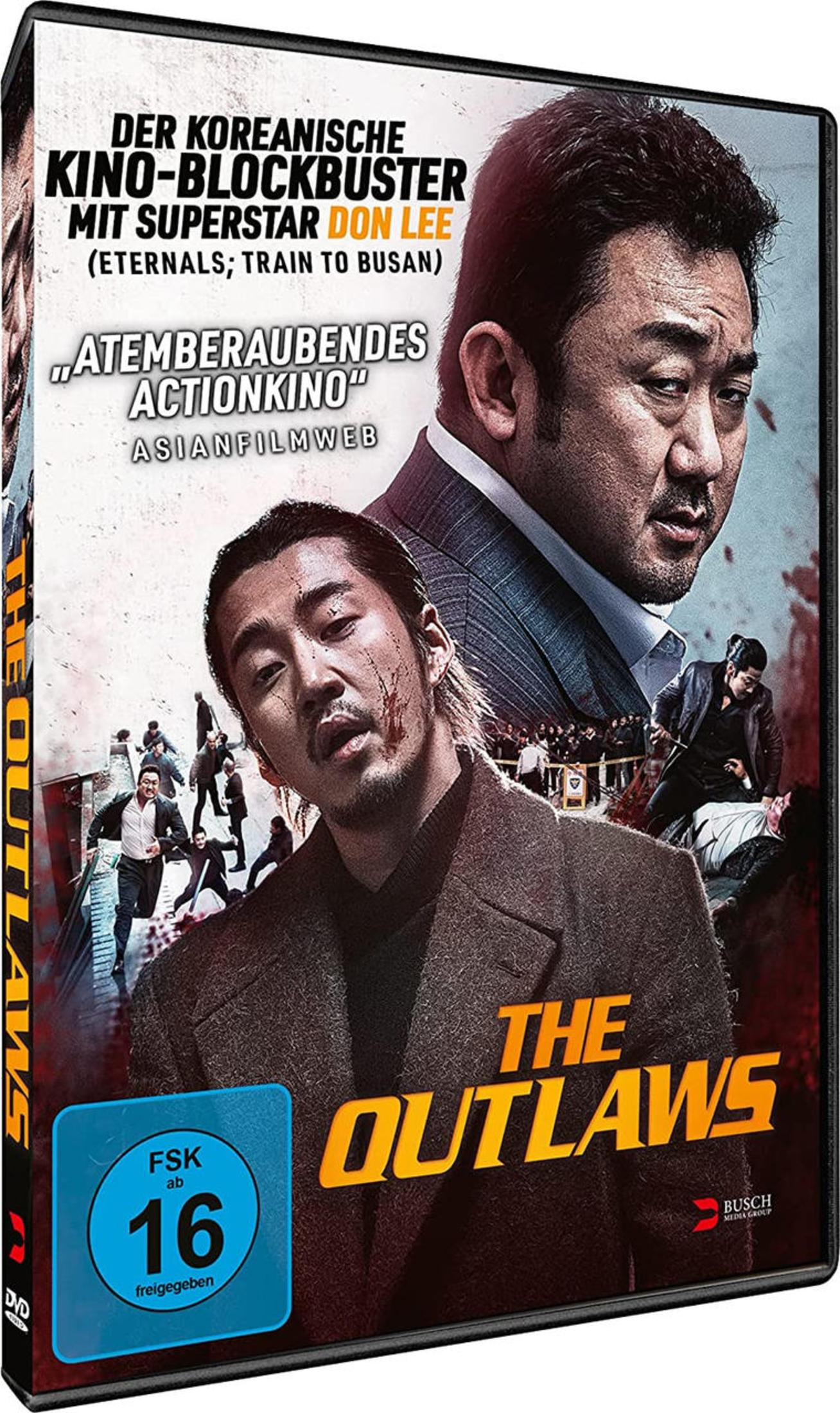 DVD-Cover des Films The Outlaws mit zwei ernsten Männern im Vordergrund und Action-Szenen im Hintergrund.