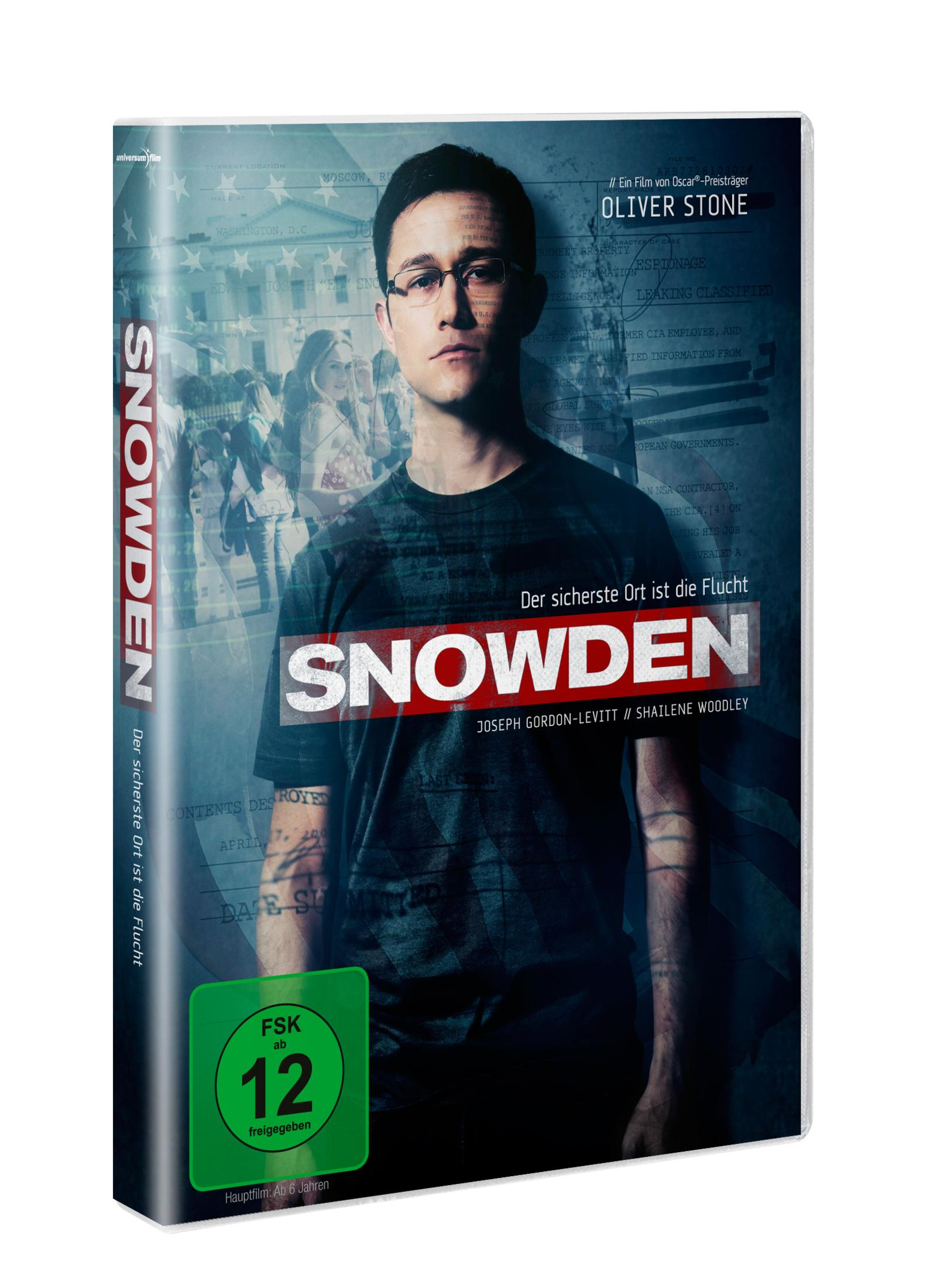 DVD-Hülle von Snowden mit Joseph Gordon-Levitt in Brille vor Dokumenten und US-Flaggen.