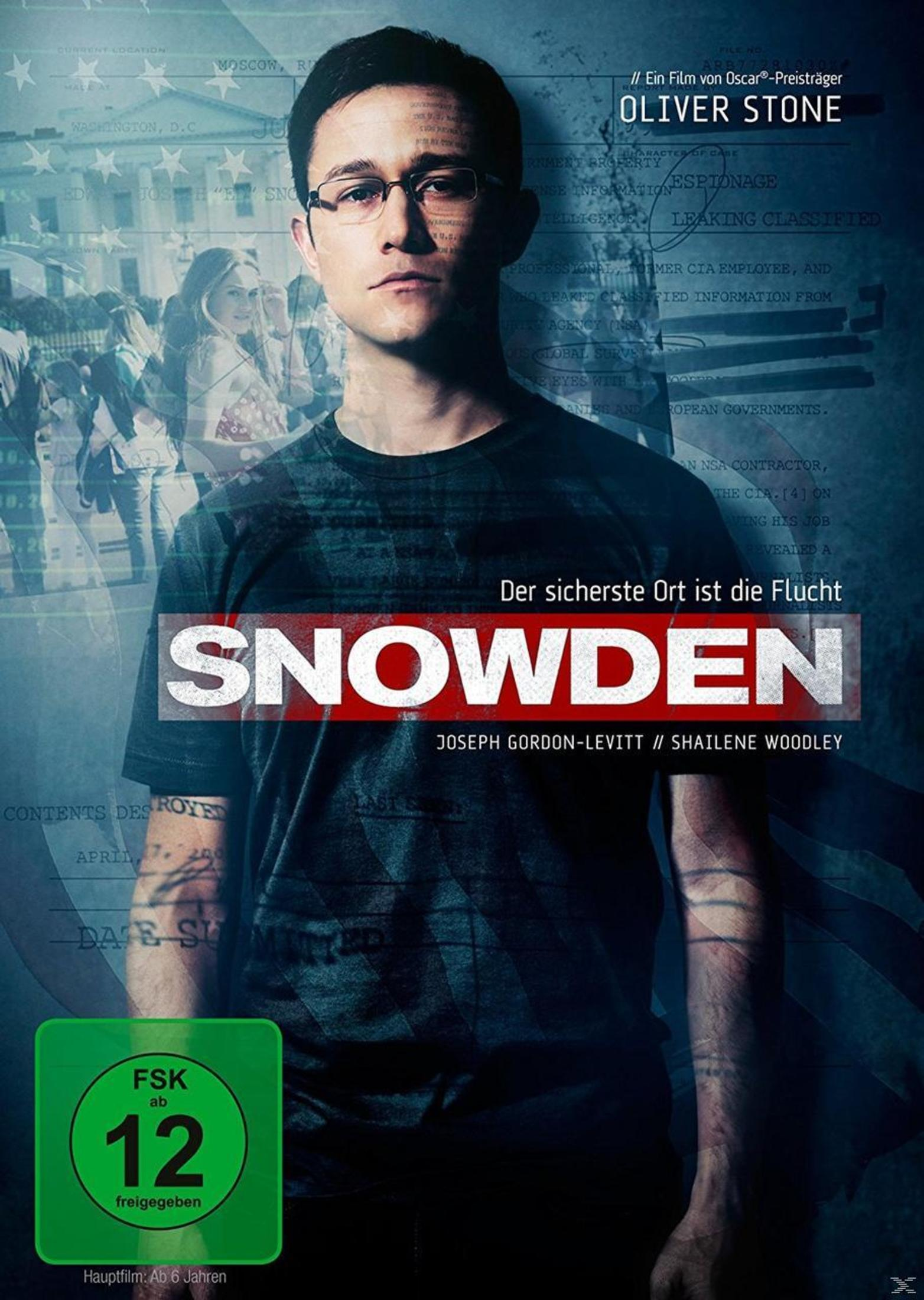 Filmplakat für Snowden mit Joseph Gordon-Levitt vor einem Hintergrund mit Textdokumenten und der US-Flagge.