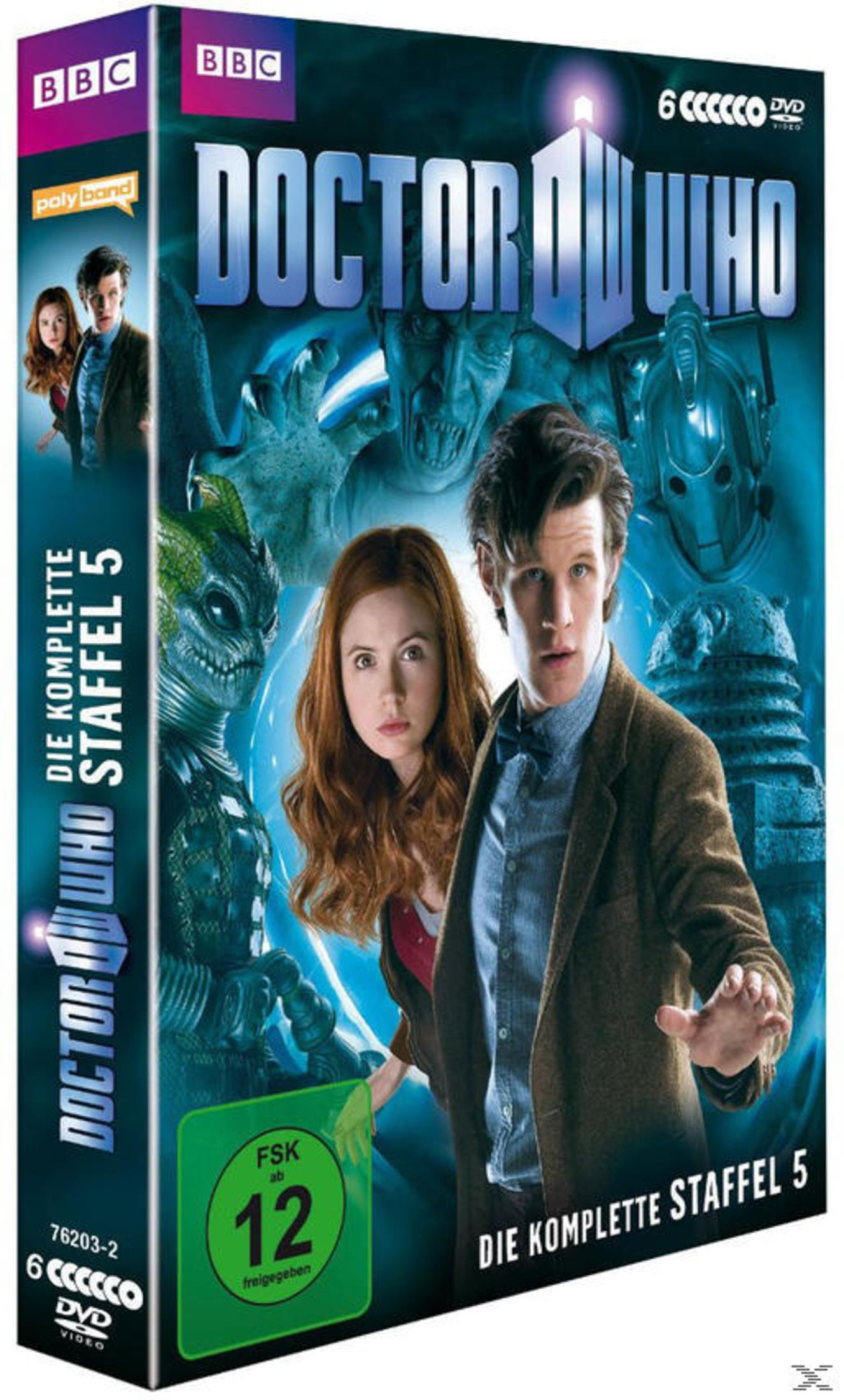 DVD-Cover von Doctor Who Staffel 5 mit dem Elften Doktor, Amy Pond und verschiedenen Kreaturen.