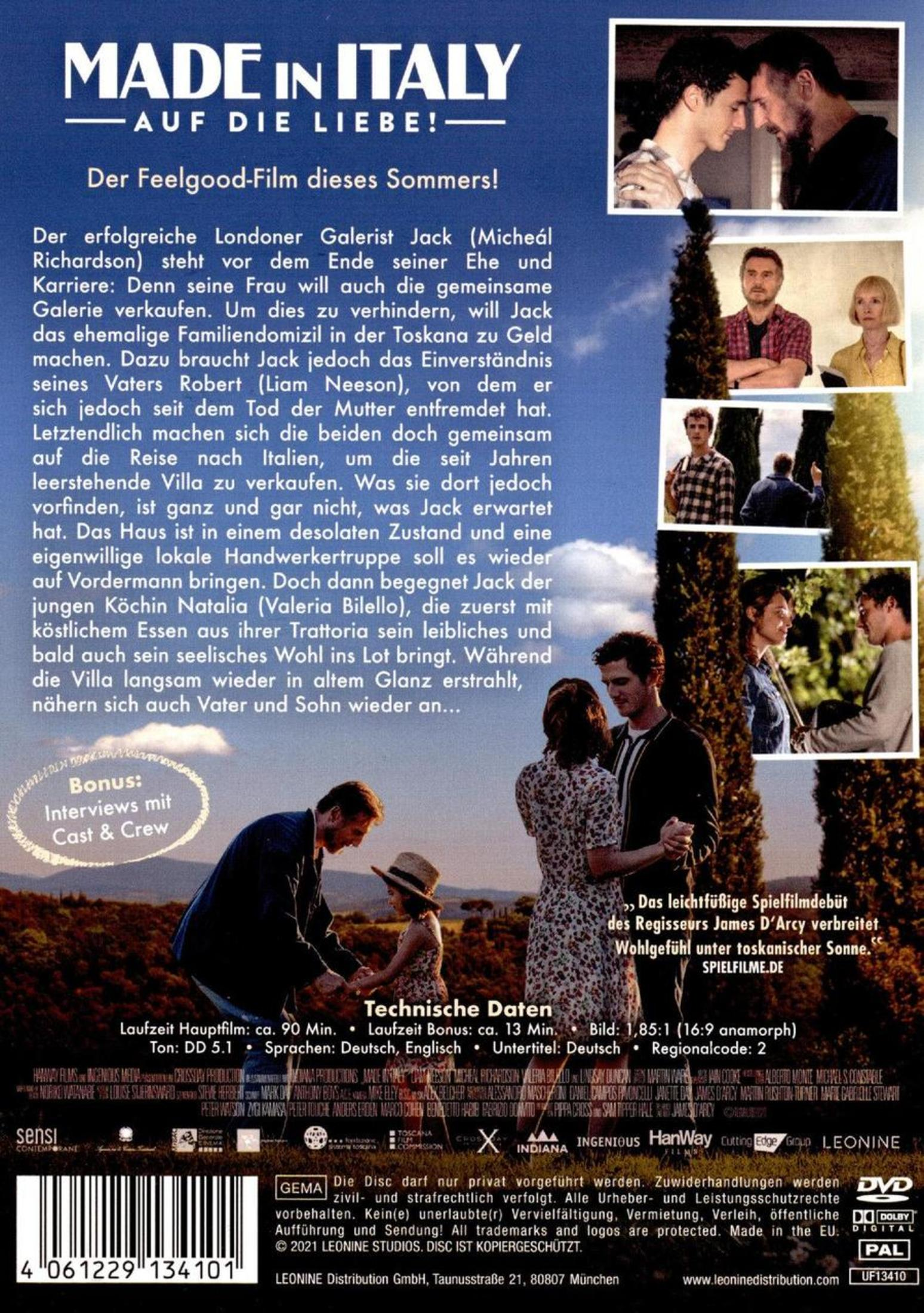 Filmposter von 'Made in Italy' mit Liam Neeson und Micheál Richardson, Text und Szenenbildern.