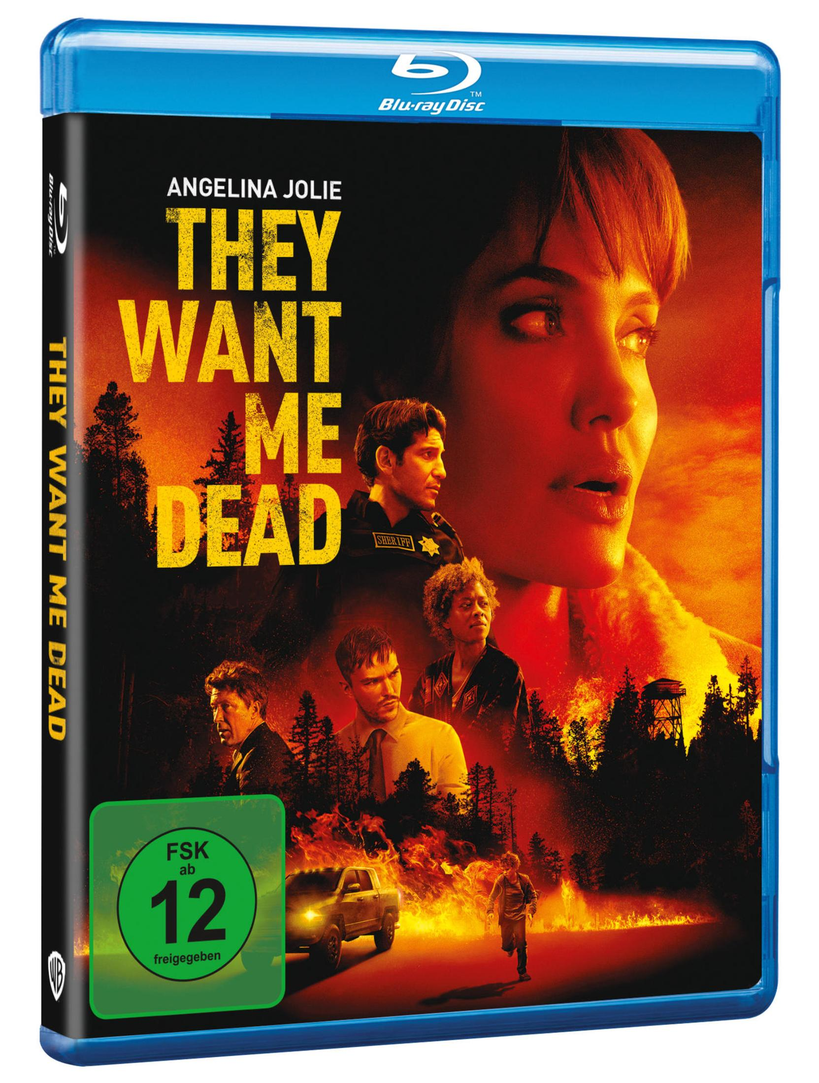Blu-ray-Hülle des Films "Those Who Wish Me Dead" mit Angelina Jolie vor brennendem Hintergrund und Charakteren.