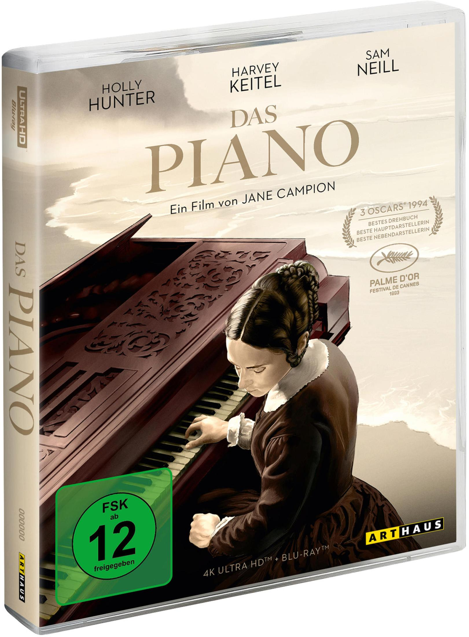 DVD-Cover von "Das Piano" mit einer Frau, die vor einem holzfarbenen Klavier sitzt und spielt.