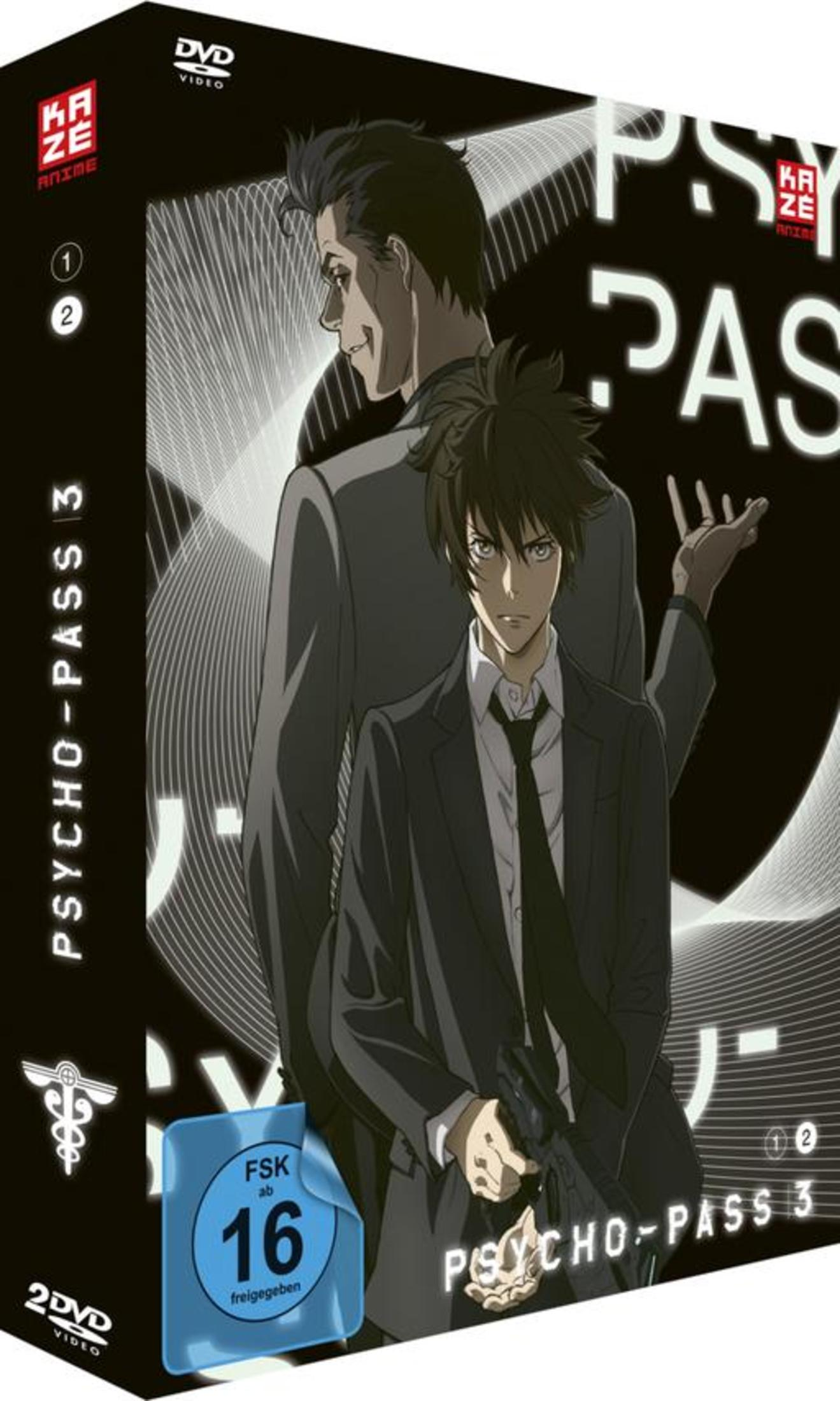 DVD-Hülle von Psycho-Pass 3 mit zwei Anime-Männern in Anzügen vor dunklem Hintergrund.