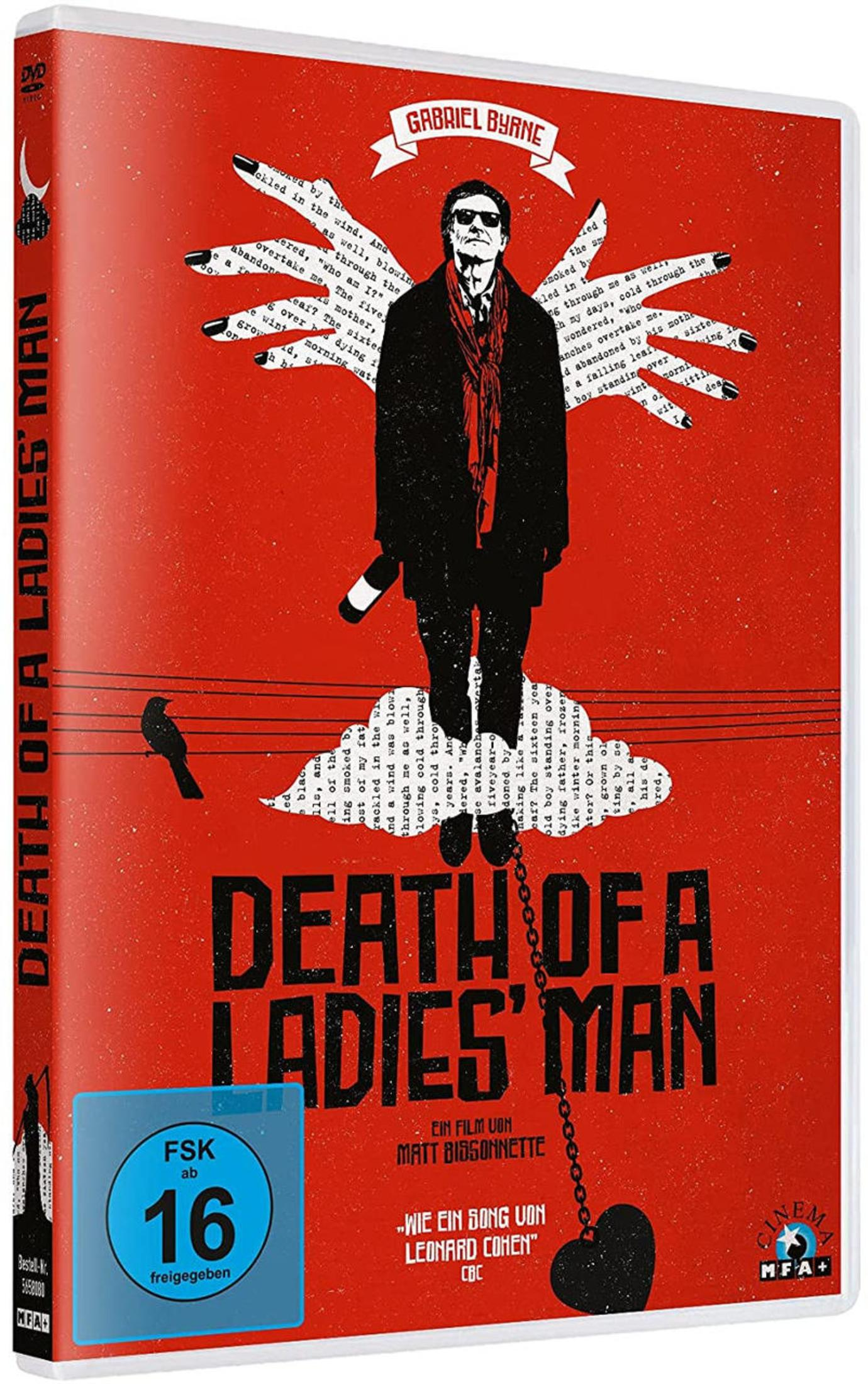 DVD-Cover von Death of a Ladies' Man mit Gabriel Byrne in einem roten Plakatdesign.