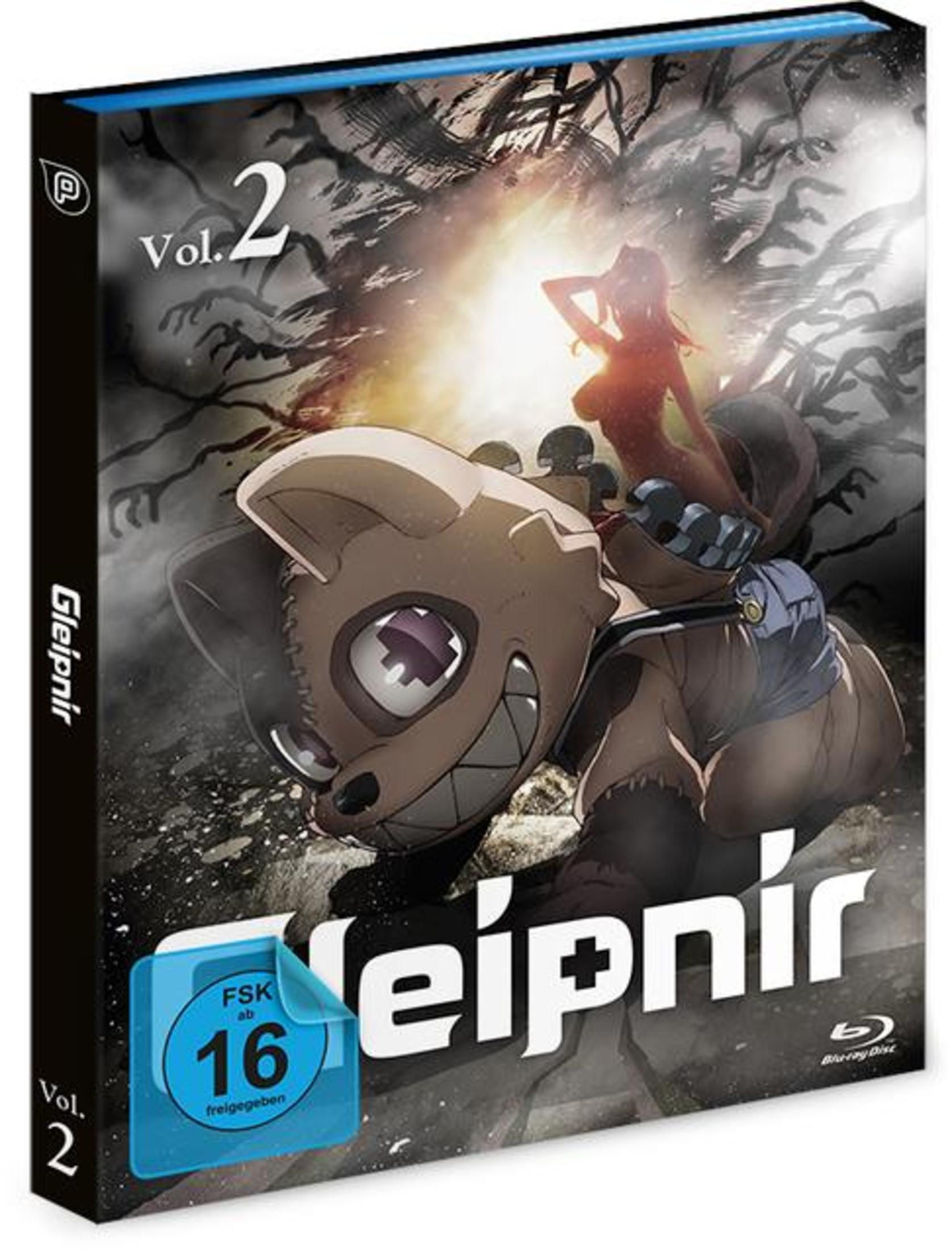 Anime Blu-ray Cover 'Gleipnir Vol. 2' mit einem großen, hundeähnlichen Kostüm und einer roten Figur im Hintergrund.