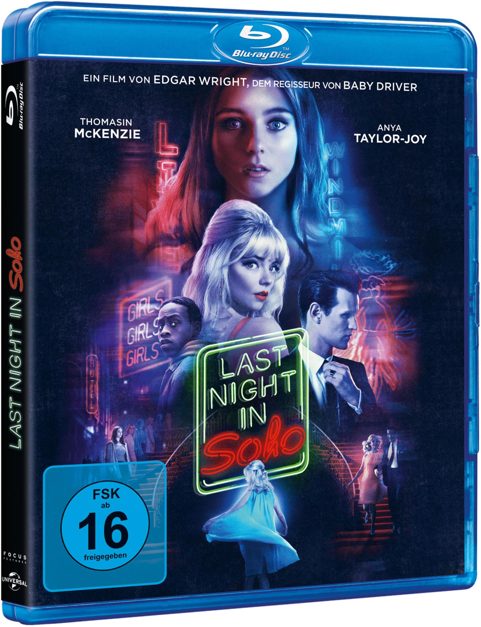 Blu-ray-Hülle von Last Night in Soho mit Darstellern vor leuchtender Neon-Stadtkulisse.