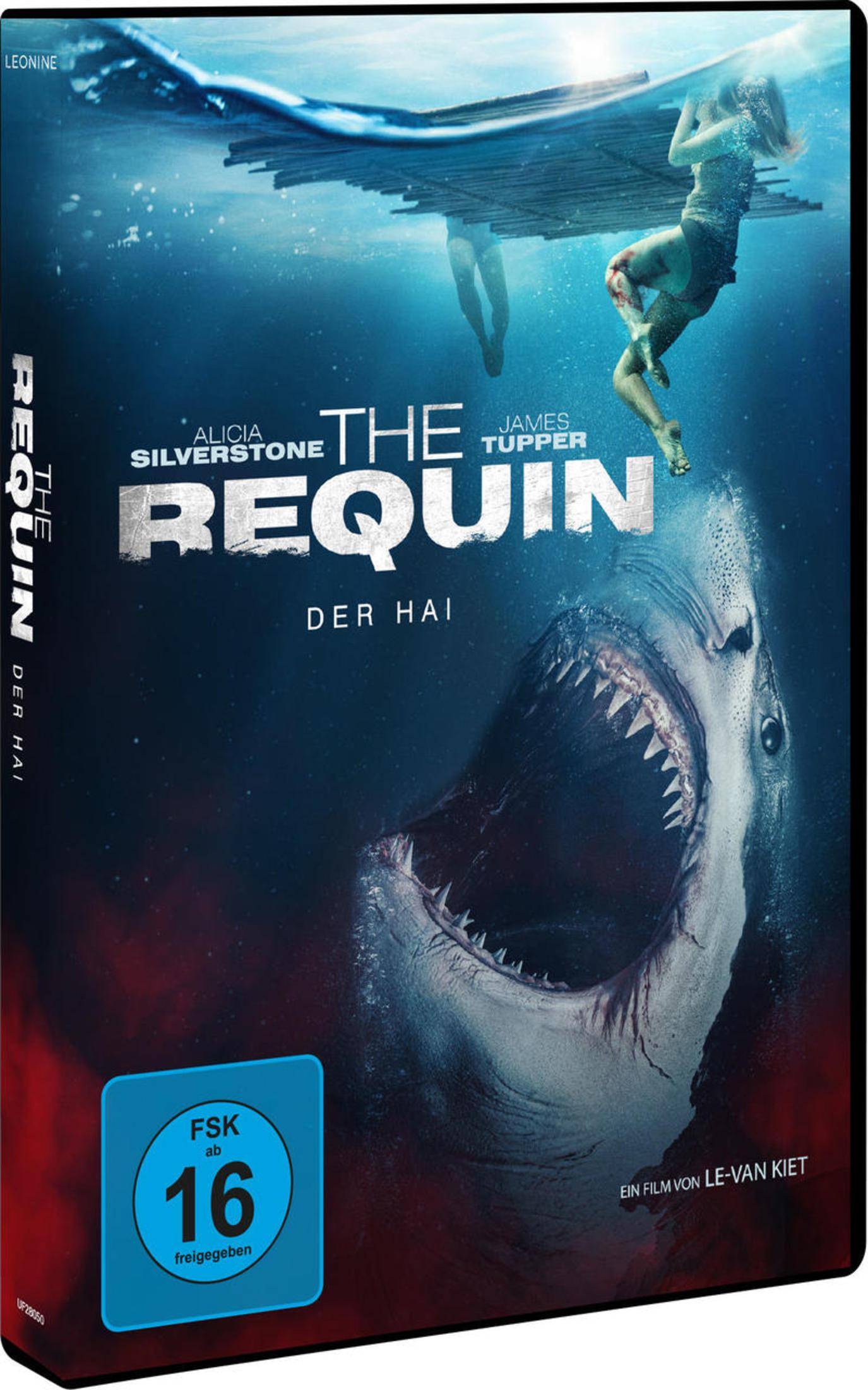 DVD-Cover von The Requin zeigt eine Frau auf Holzplanken im Meer mit einem riesigen Hai mit offenem Maul darunter.