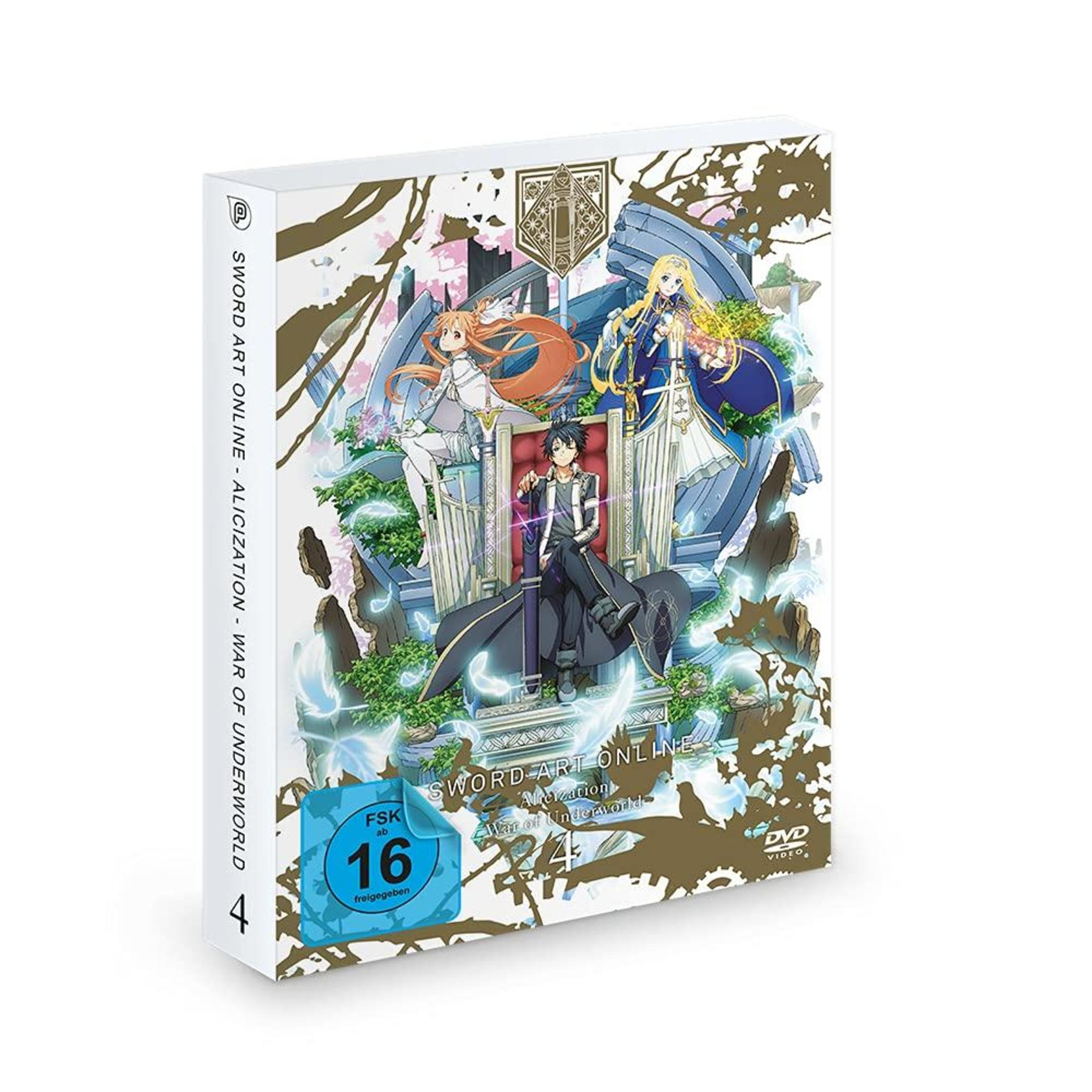Sword Art Online Alicization War of Underworld Vol. 4 DVD-Hülle mit Anime-Figuren auf einem Thron.