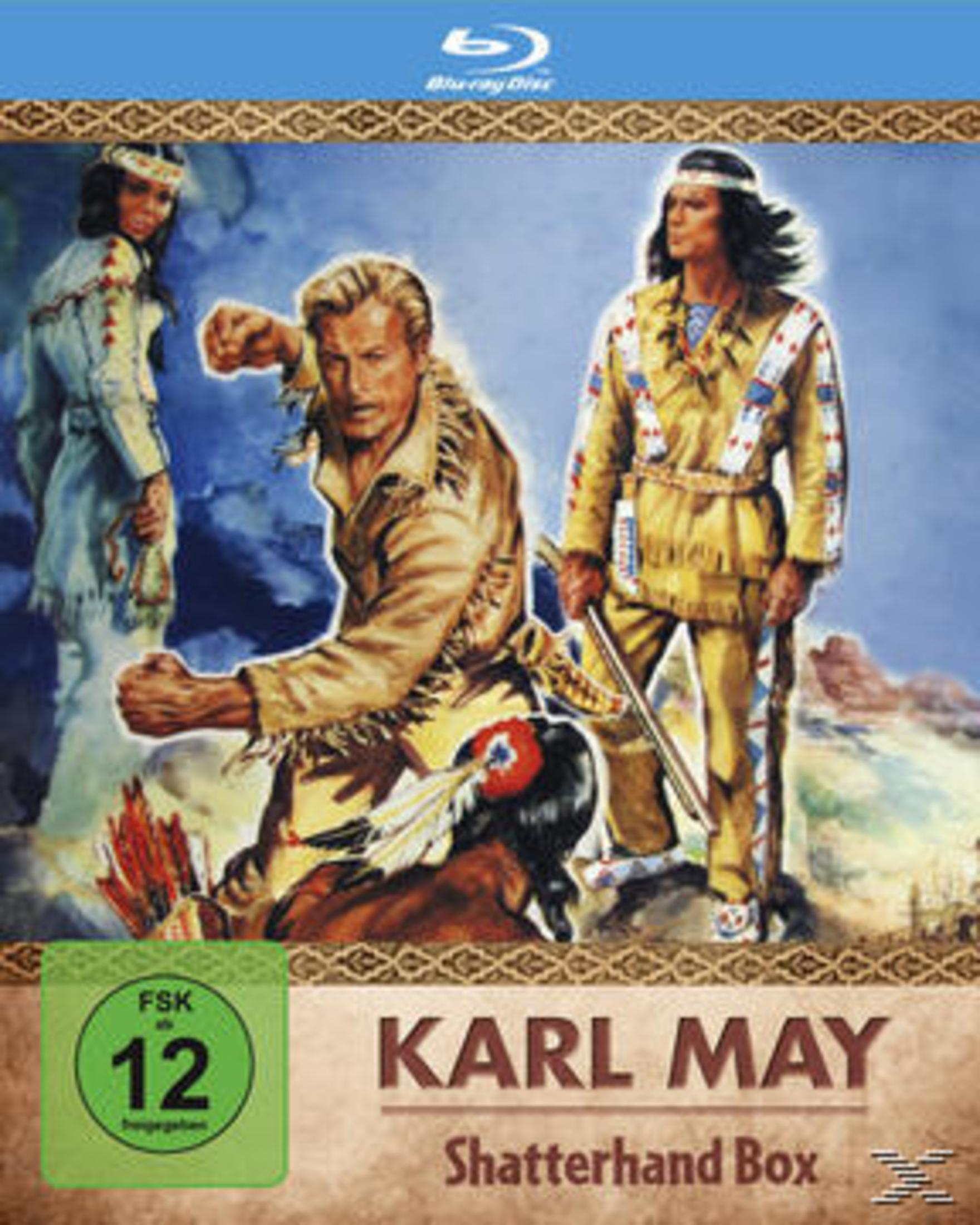 DVD-Cover der Karl May Shatterhand Box mit illustrierten Figuren und FSK-12-Altersfreigabe.